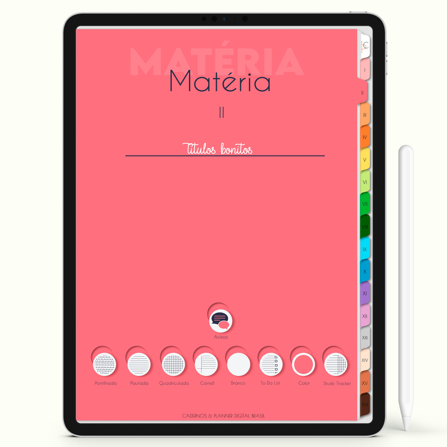 Caderno Digital Colors 16 Matérias - Capa da matéria rosa para iPad e Tablet Android. Cadernos & Planner Digital Brasil