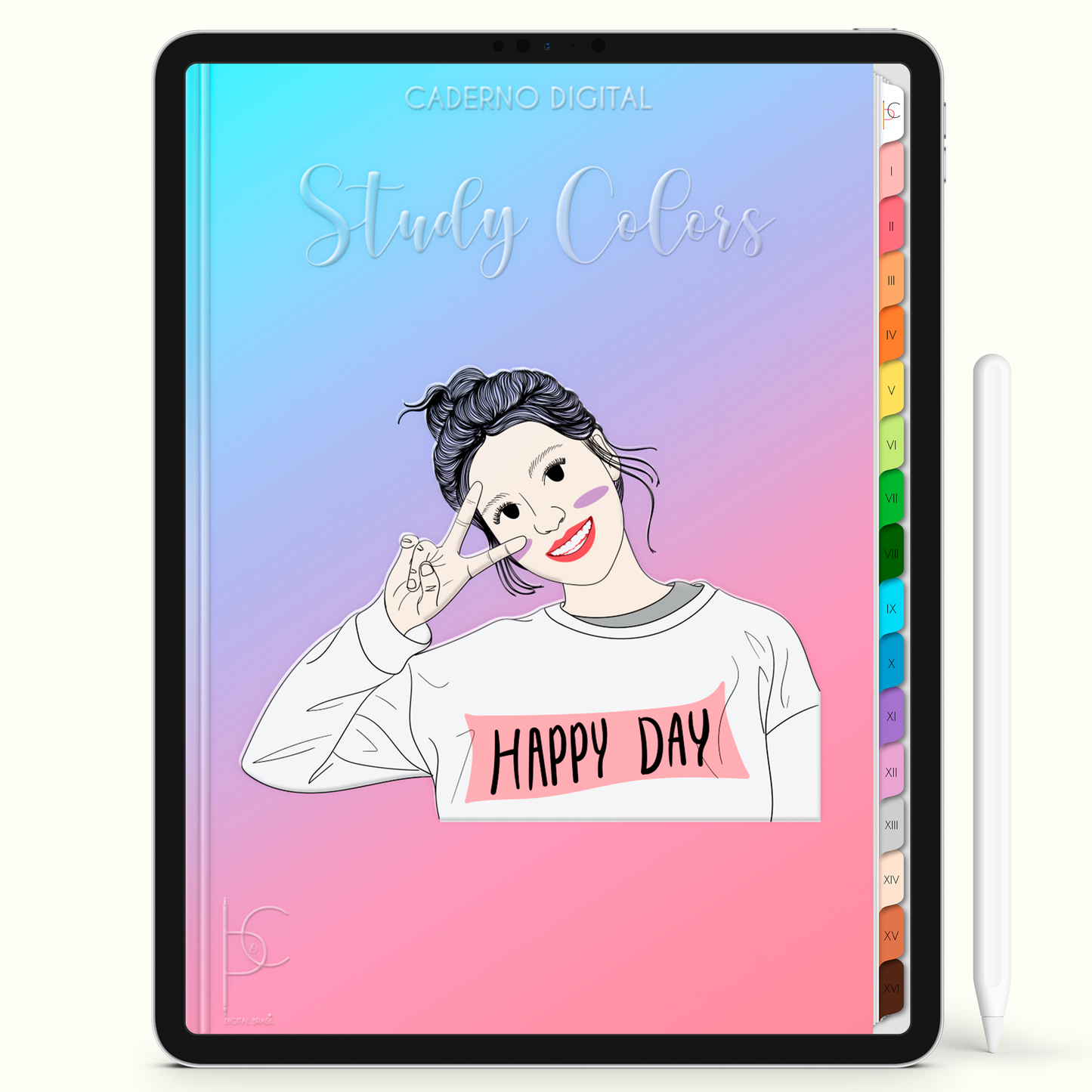 Caderno Digital Colors Happy Day Love Study 16 Matérias • Para iPad e Tablet Android • Download instantâneo • Sustentável