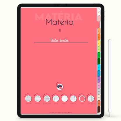 Caderno Digital Colors 16 Matérias - Capa da matéria rosa para iPad e Tablet Android. Cadernos & Planner Digital Brasil