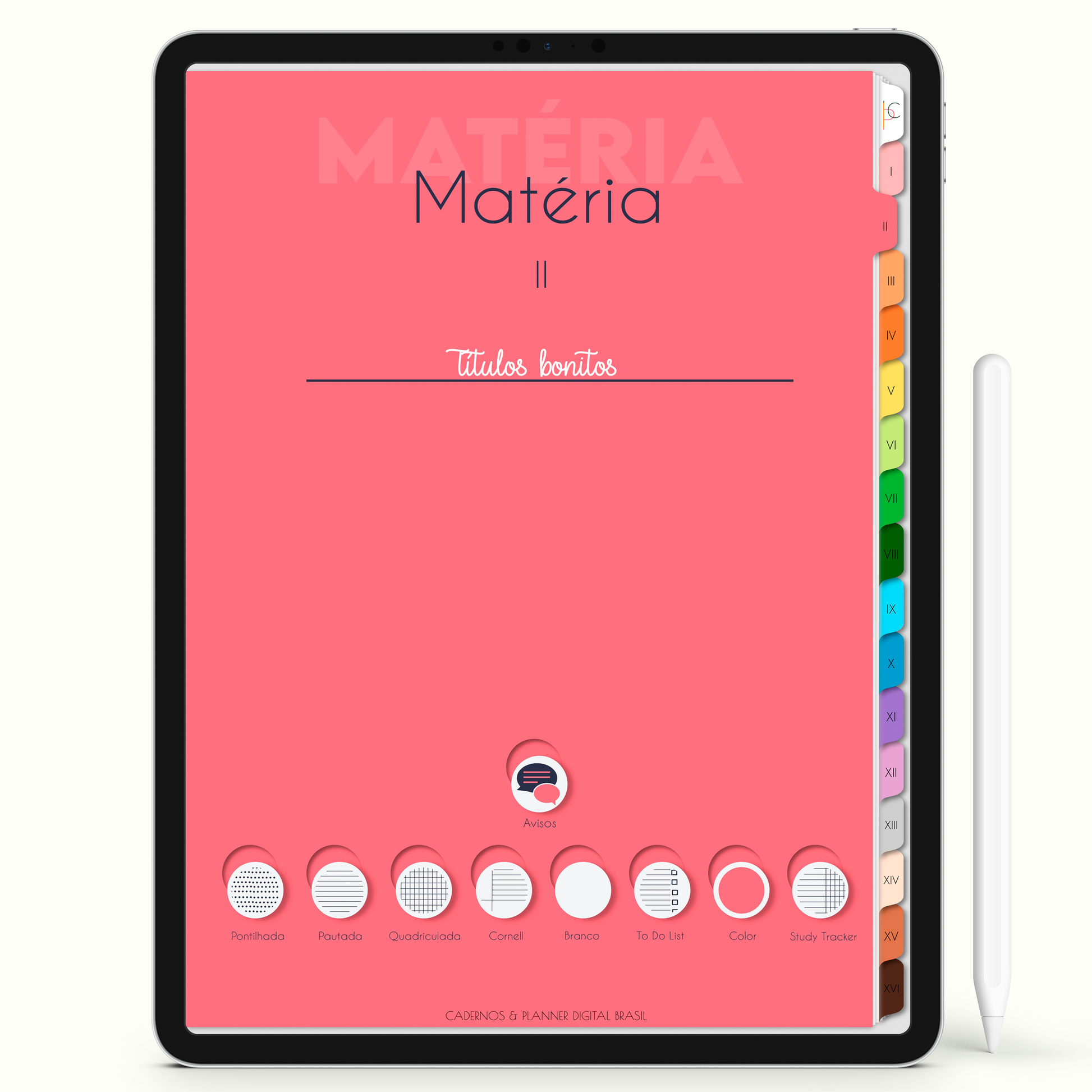 Caderno Digital Colors 16 Matérias - página da matéria para iPad e Tablet Android. Cadernos & Planner Digital Brasil