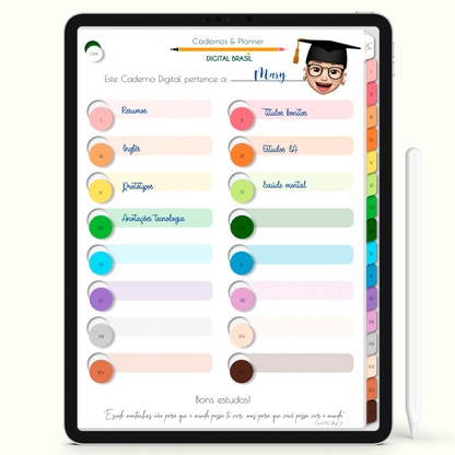 Caderno Digital Colors  Study I Love Paris 16 Matérias • Página home para inserir as matérias disciplinas Para iPad e Tablet Android • Download instantâneo • Sustentável