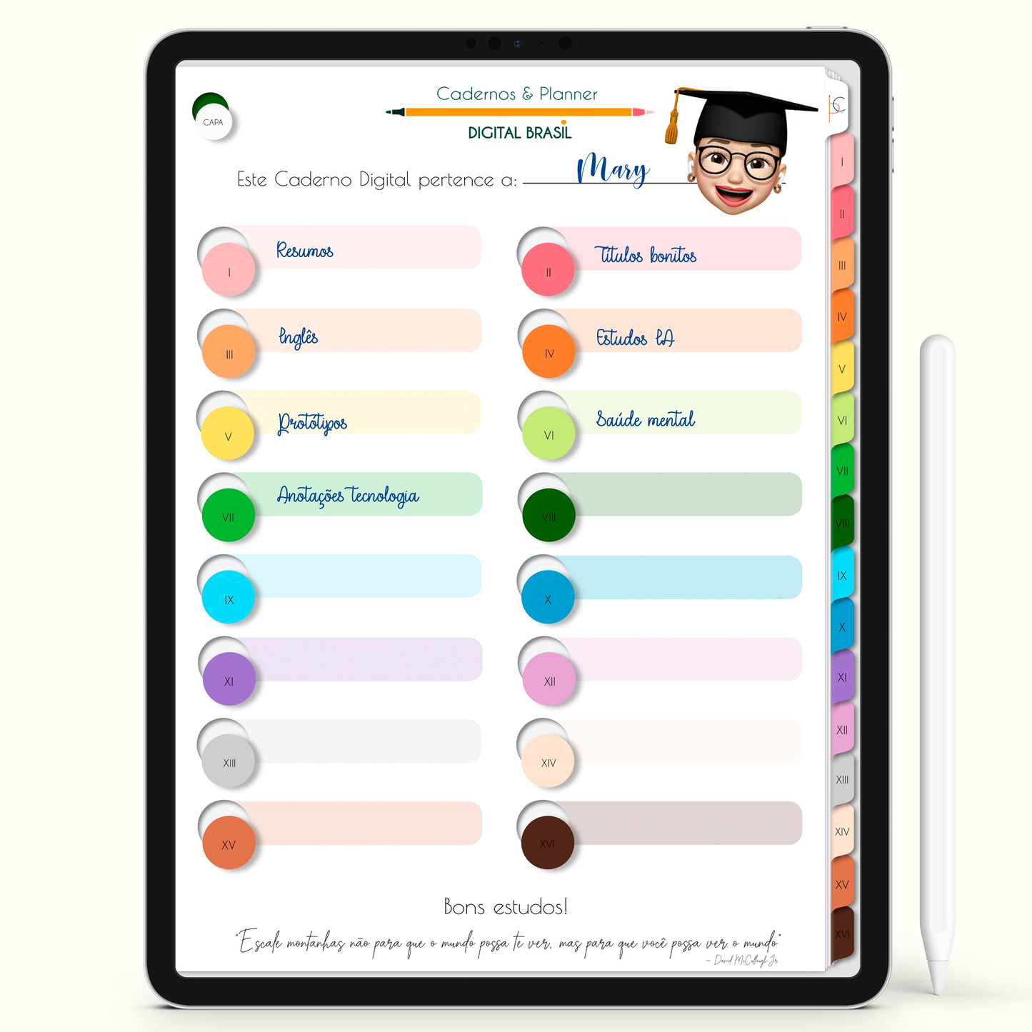 Caderno Digital Colors 16 Matérias - página Home com todas as matérias clicáveis para iPad e Tablet Android. Cadernos & Planner Digital Brasil
