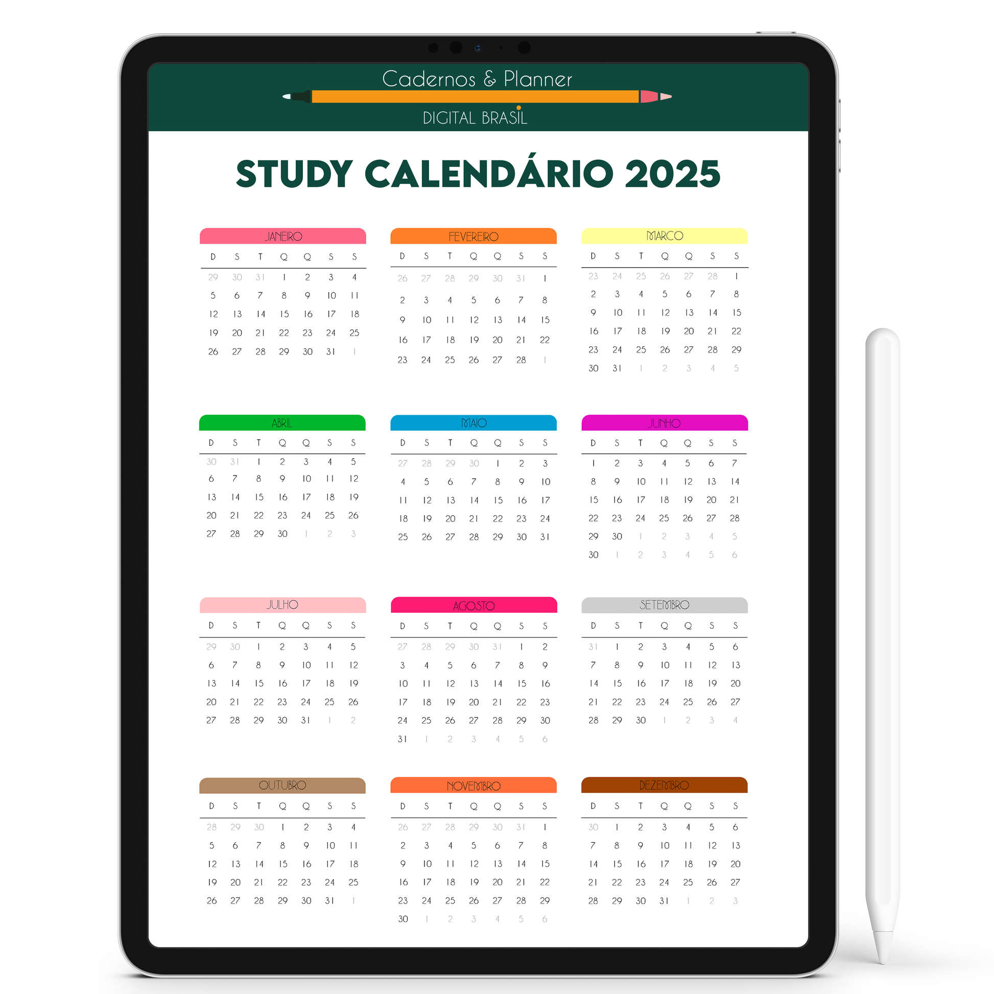 Baixe o calendário 2025 gratuito e cole no seu Caderno Digital Colors 24 Matérias no seu iPad ou Tablet Android