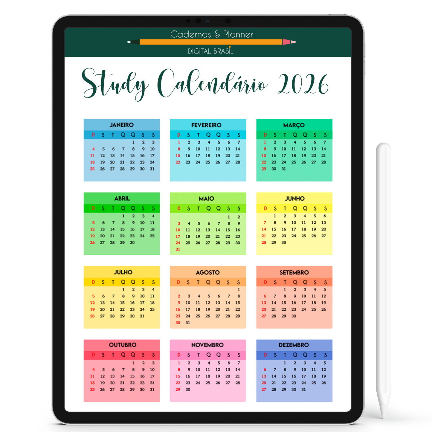 Grátis Baixe o calendário 2026 gratuito e cole no seu Caderno Digital Colors 24 Matérias no seu iPad ou Tablet Android
