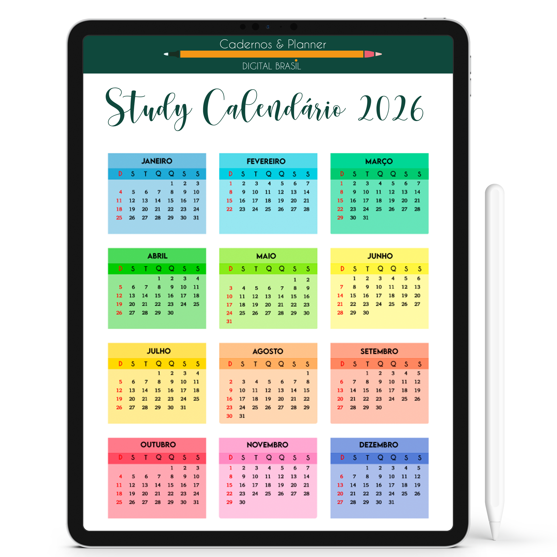 Grátis Baixe o calendário 2026 gratuito e cole no seu Caderno Digital Colors 24 Matérias no seu iPad ou Tablet Android