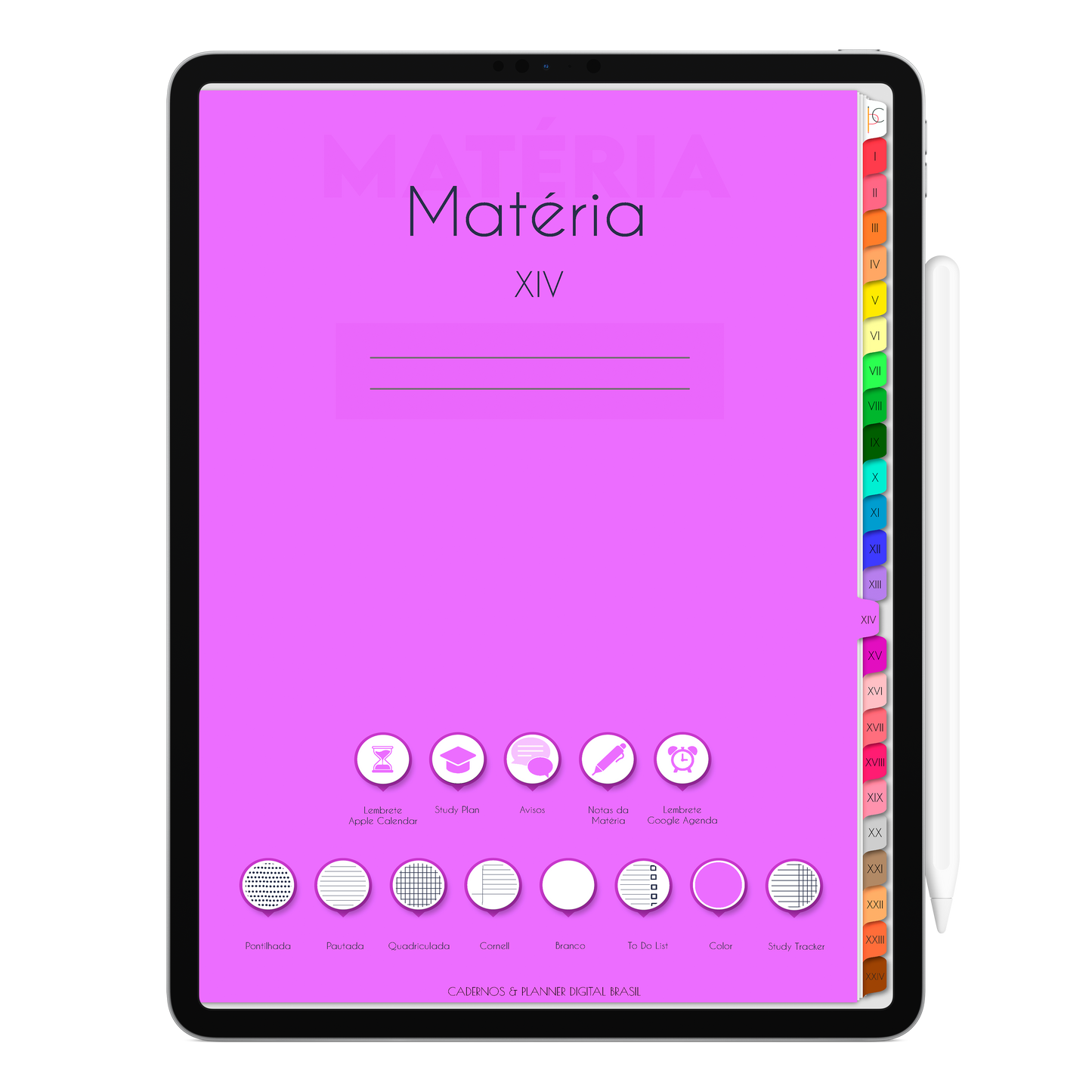 Caderno Digital Colors 24 Matérias. Página Capa da Matéria Exclusivo para iPad e Tablet Android. Aplicativos de Anotação GoodNotes, Flexcil, Samsung Notes, Noteshelf. Lembretes Apple Calendar e Google Agenda. Páginas Estudos, Anotações, Resumos, Vida Acadêmica, Pautada, Pontilhada, Cronograma Estudos, Notas da Matéria, Coeficiente de Rendimento. Cadernos & Planner Digital Brasil