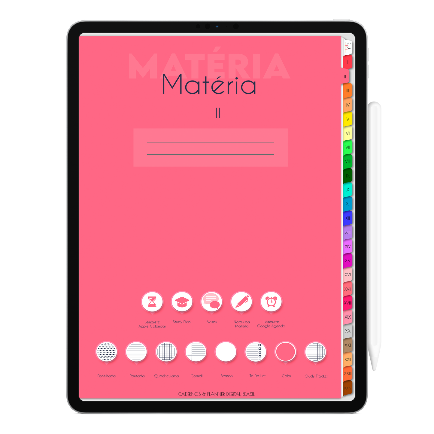 Caderno Digital Colors 24 Matérias. Página Capa da Matéria Exclusivo para iPad e Tablet Android. Aplicativos de Anotação GoodNotes, Flexcil, Samsung Notes, Noteshelf. Lembretes Apple Calendar e Google Agenda. Páginas Estudos, Anotações, Resumos, Vida Acadêmica, Pautada, Pontilhada, Cronograma Estudos, Notas da Matéria, Coeficiente de Rendimento. Cadernos & Planner Digital Brasil