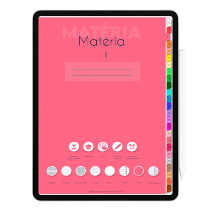 Caderno Digital Colors 24 Matérias. Página Capa da Matéria Exclusivo para iPad e Tablet Android. Aplicativos de Anotação GoodNotes, Flexcil, Samsung Notes, Noteshelf. Lembretes Apple Calendar e Google Agenda. Páginas Estudos, Anotações, Resumos, Vida Acadêmica, Pautada, Pontilhada, Cronograma Estudos, Notas da Matéria, Coeficiente de Rendimento. Cadernos & Planner Digital Brasil