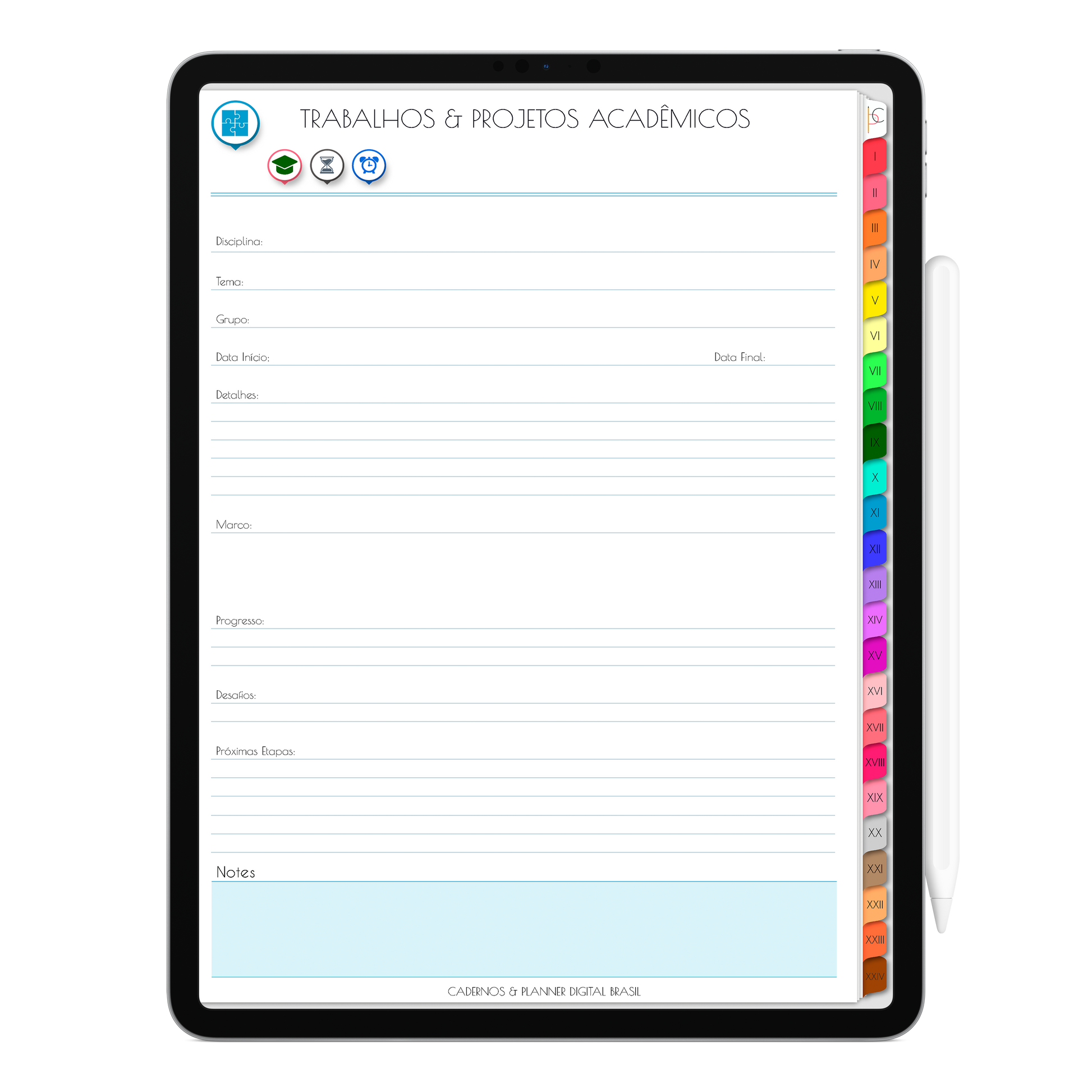 Caderno Digital Colors 24 Matérias. Página Capa da Matéria Exclusivo para iPad e Tablet Android. Aplicativos de Anotação GoodNotes, Flexcil, Samsung Notes, Noteshelf. Lembretes Apple Calendar e Google Agenda. Páginas Estudos, Anotações, Resumos, Vida Acadêmica, Pautada, Pontilhada, Cronograma Estudos, Notas da Matéria, Coeficiente de Rendimento. Cadernos & Planner Digital Brasil