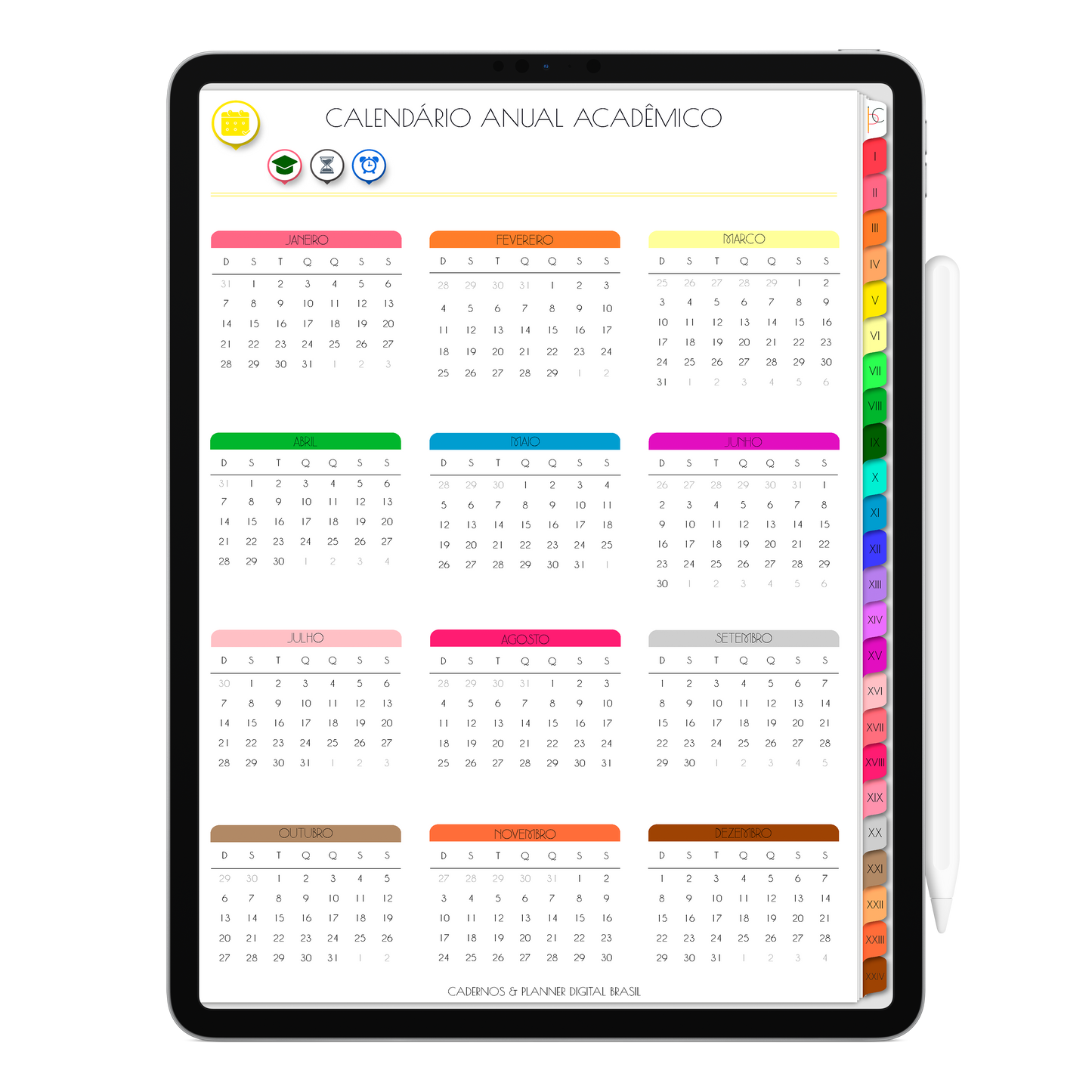 Caderno Digital Colors 24 Matérias. Página Calendário Acadêmico. Exclusivo para iPad e Tablet Android. Aplicativos de Anotação GoodNotes, Flexcil, Samsung Notes, Noteshelf. Lembretes Apple Calendar e Google Agenda. Páginas Estudos, Anotações, Resumos, Vida Acadêmica, Pautada, Pontilhada, Cronograma Estudos, Notas da Matéria, Coeficiente de Rendimento. Cadernos & Planner Digital Brasil