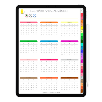 Caderno Digital Colors 24 Matérias. Página Calendário Acadêmico. Exclusivo para iPad e Tablet Android. Aplicativos de Anotação GoodNotes, Flexcil, Samsung Notes, Noteshelf. Lembretes Apple Calendar e Google Agenda. Páginas Estudos, Anotações, Resumos, Vida Acadêmica, Pautada, Pontilhada, Cronograma Estudos, Notas da Matéria, Coeficiente de Rendimento. Cadernos & Planner Digital Brasil