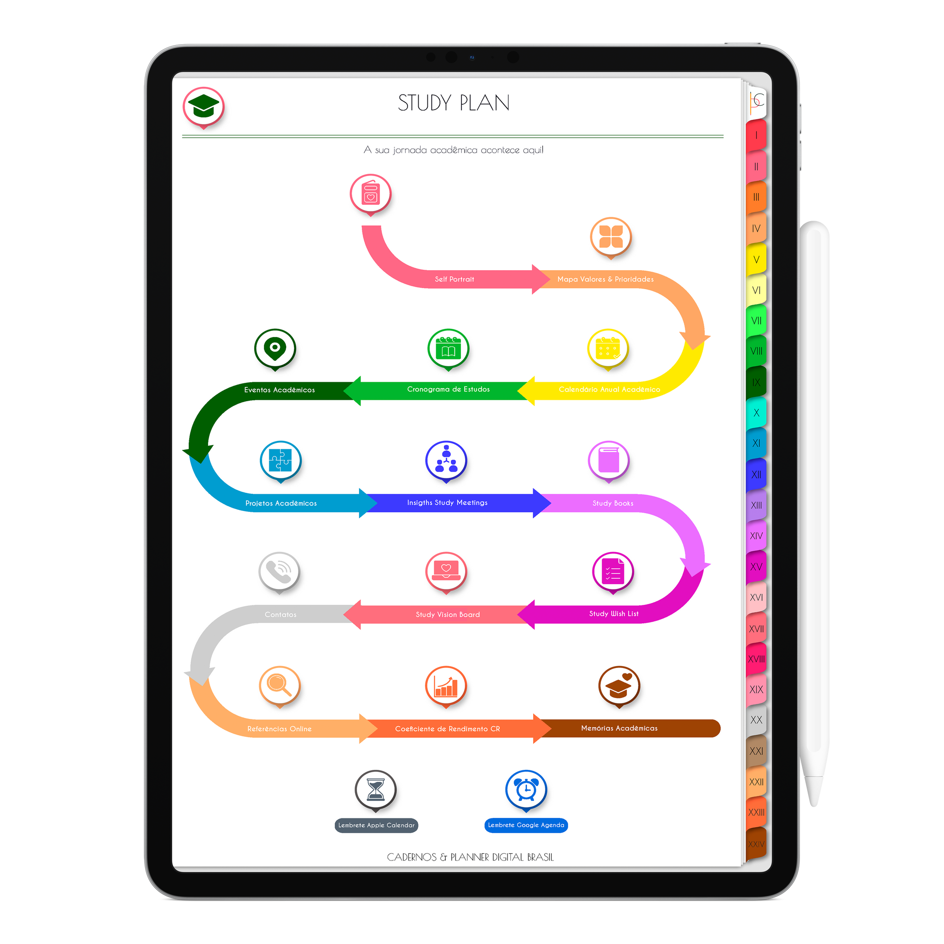 Caderno Digital Colors 24 Matérias. Página Jornada Acadêmica, Study Plan. Exclusivo para iPad e Tablet Android. Aplicativos de Anotação GoodNotes, Flexcil, Samsung Notes, Noteshelf. Lembretes Apple Calendar e Google Agenda. Páginas Estudos, Anotações, Resumos, Vida Acadêmica, Pautada, Pontilhada, Cronograma Estudos, Notas da Matéria, Coeficiente de Rendimento. Cadernos & Planner Digital Brasil