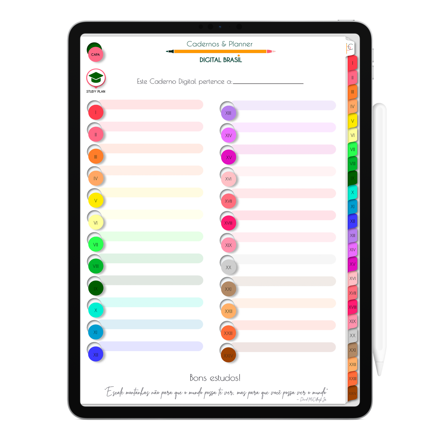 Caderno Digital Colors 24 Matérias. Página Capa da Matéria Exclusivo para iPad e Tablet Android. Aplicativos de Anotação GoodNotes, Flexcil, Samsung Notes, Noteshelf. Lembretes Apple Calendar e Google Agenda. Páginas Estudos, Anotações, Resumos, Vida Acadêmica, Pautada, Pontilhada, Cronograma Estudos, Notas da Matéria, Coeficiente de Rendimento. Cadernos & Planner Digital Brasil