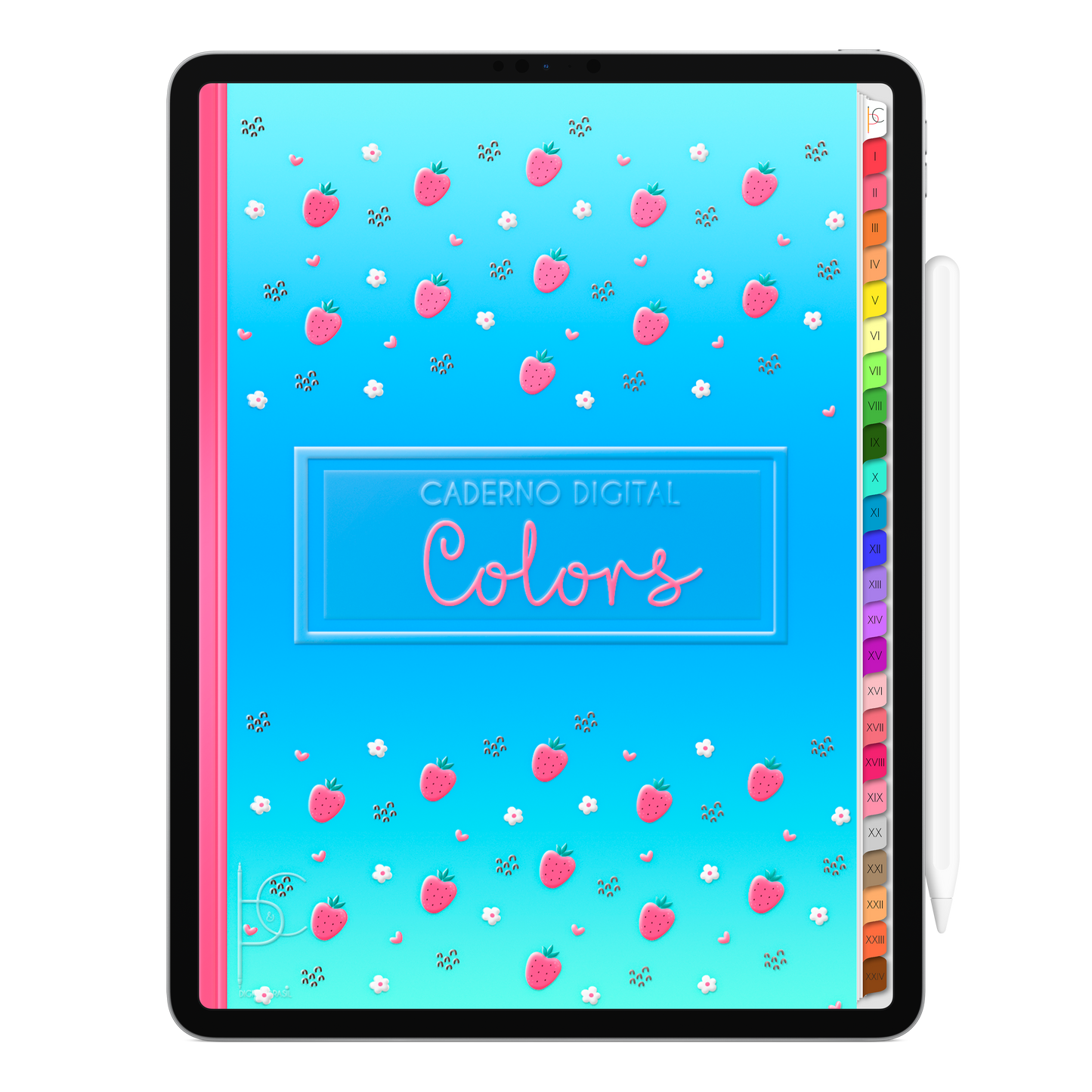 Caderno Digital Colors 24 Matérias Strawberry and Flowers • Para iPad e Tablet Android • Download instantâneo