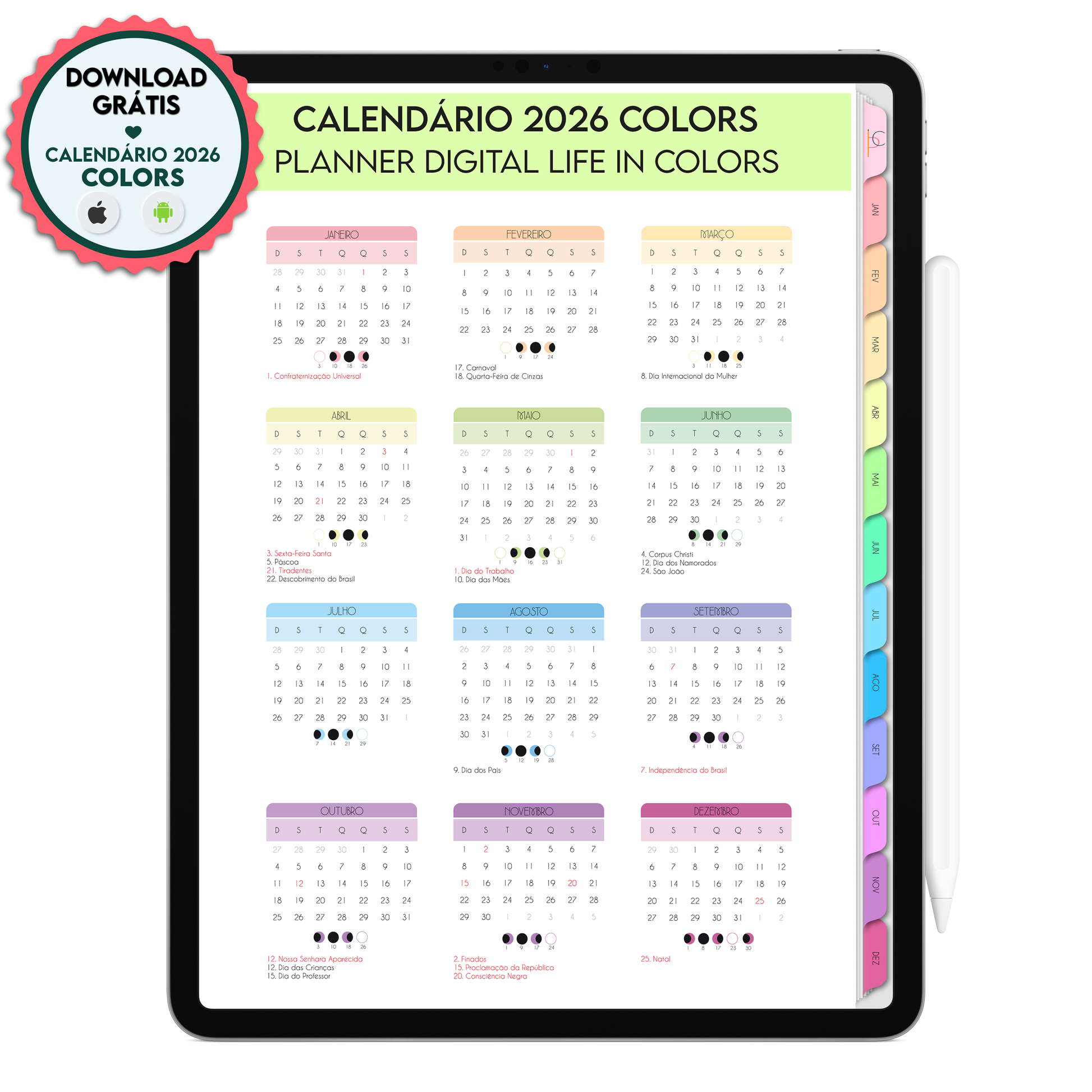Calendário Anual 2026 com feriados nacionais para Planner Digital Premium 2026 da Cadernos & Planner Digital Brasil, download gratuito para iPad e Tablet.