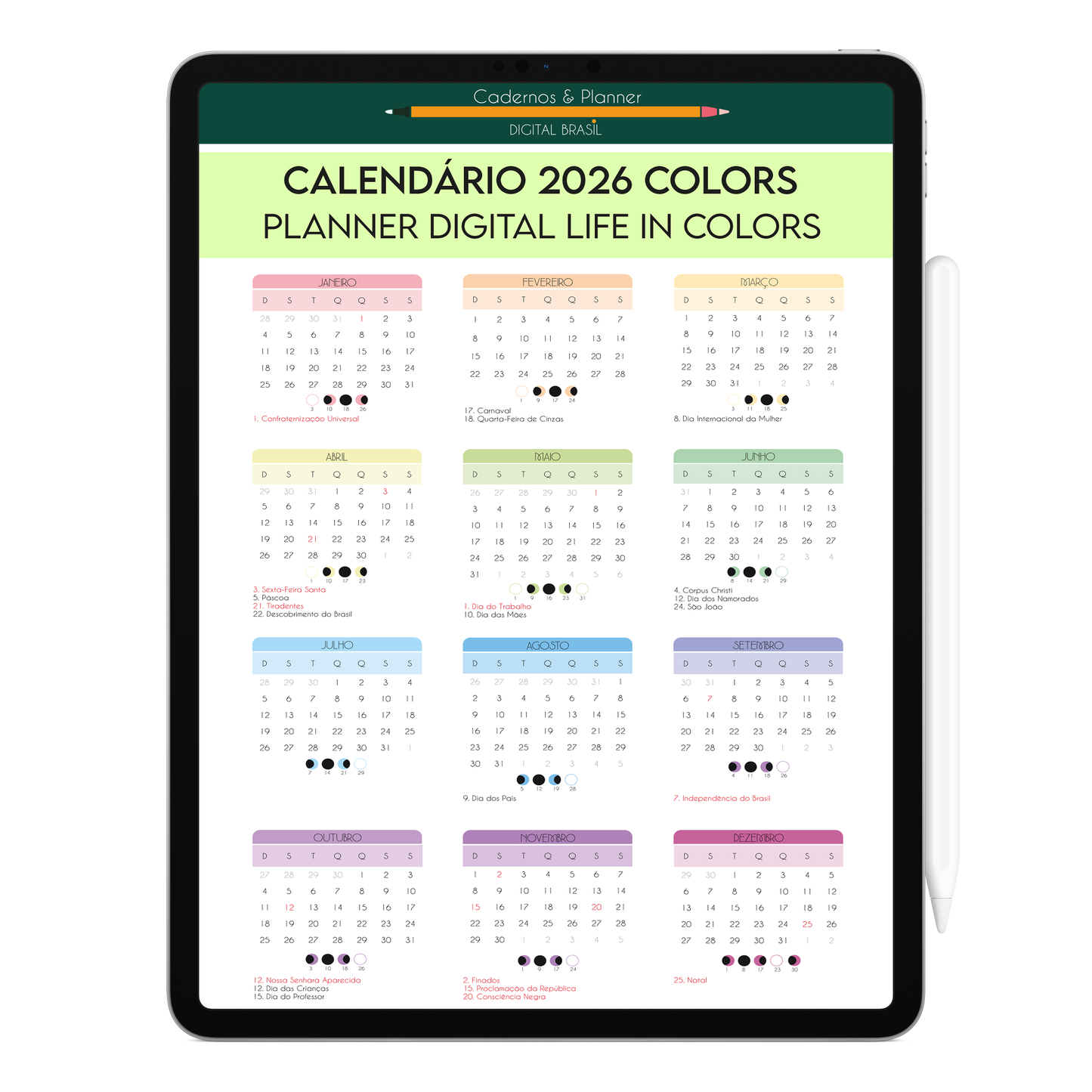 Calendário Gratuito Anual 2026 com feriados nacionais e calendário lunar para o Planner Digital 2026 Life In Colors, versão gratuita para planejamento anual no iPad e Tablet.