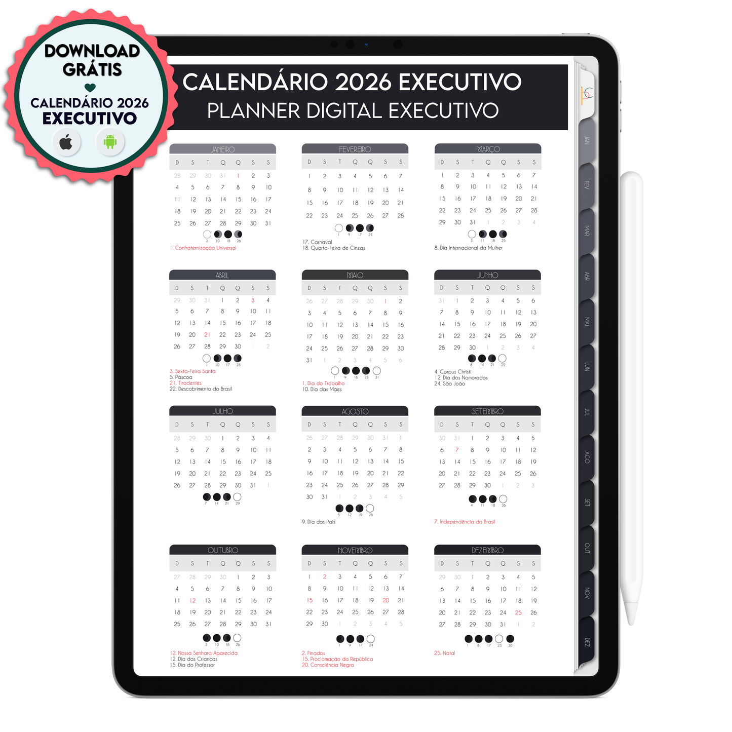 Calendário Executivo Anual 2026 com feriados nacionais para Planner Digital Premium 2026 da Cadernos & Planner Digital Brasil, download gratuito para iPad e Tablet.