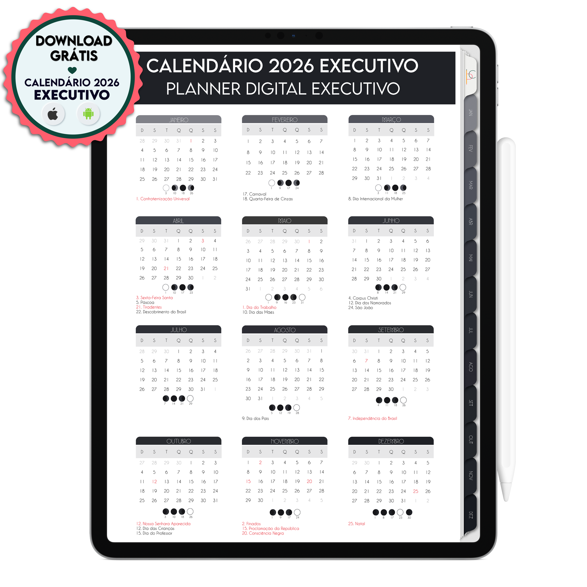 Calendário Executivo Anual 2026 com feriados nacionais para Planner Digital Premium 2026 da Cadernos & Planner Digital Brasil, download gratuito para iPad e Tablet.