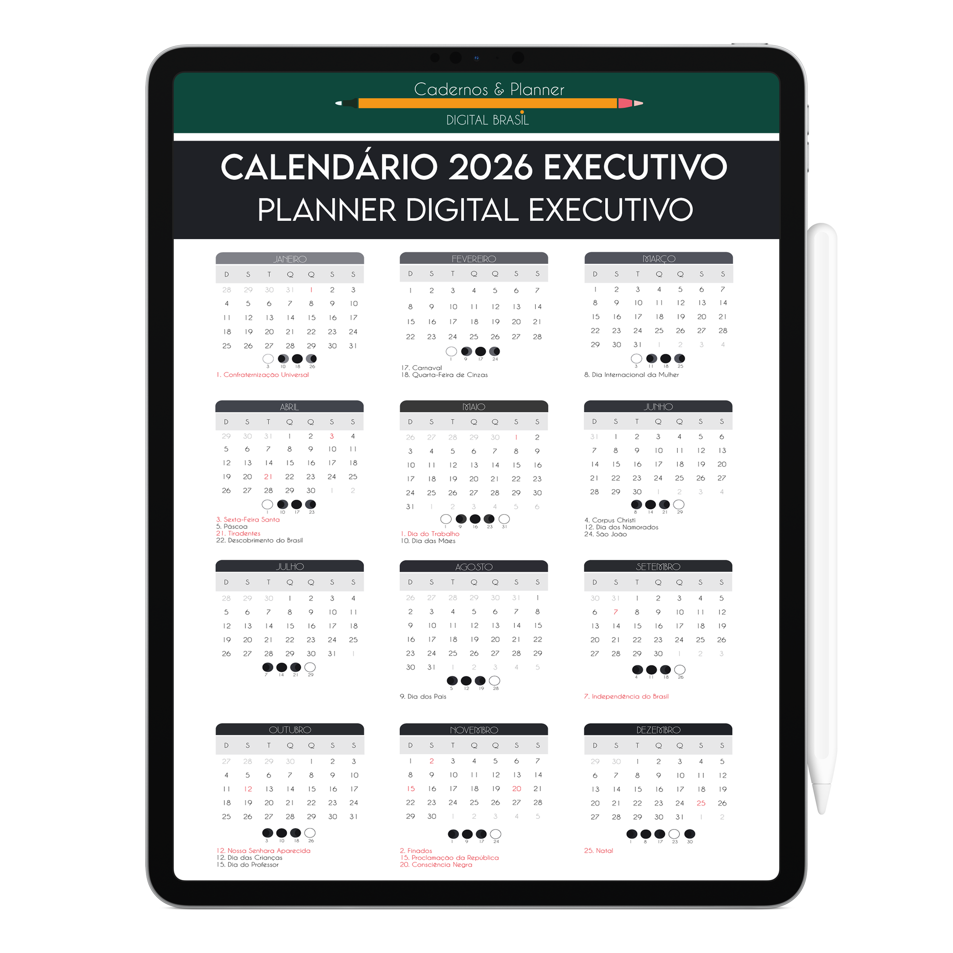 Calendário Executivo Gratuito Anual 2026 com feriados nacionais e calendário lunar para o Planner Digital 2026 Executivo, versão gratuita para planejamento anual no iPad e Tablet.