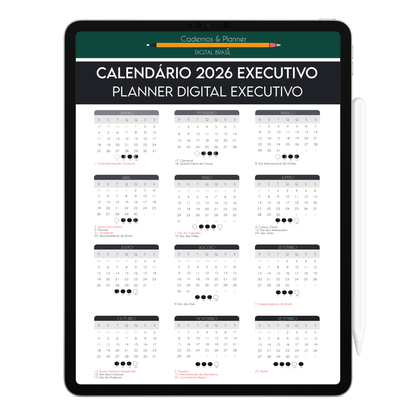 Calendário Executivo Gratuito Anual 2026 com feriados nacionais e calendário lunar para o Planner Digital 2026 Executivo, versão gratuita para planejamento anual no iPad e Tablet.
