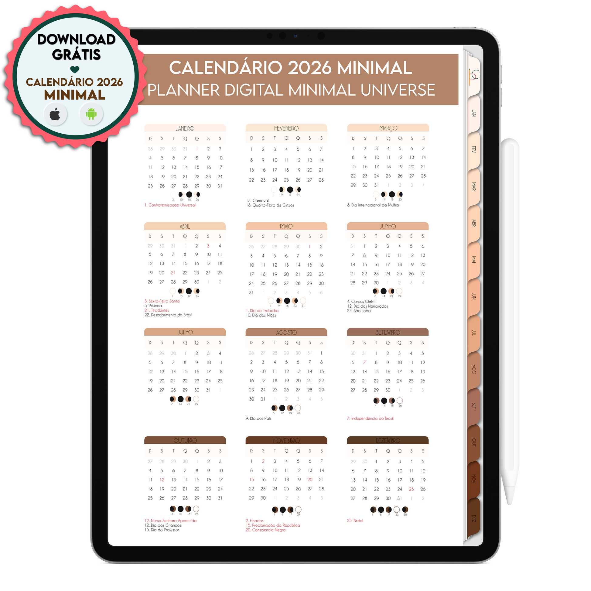 Calendário Anual Minimal 2026, lunar e com feriados nacionais para Planner Digital Premium 2026 da Cadernos & Planner Digital Brasil, download gratuito para iPad e Tablet.