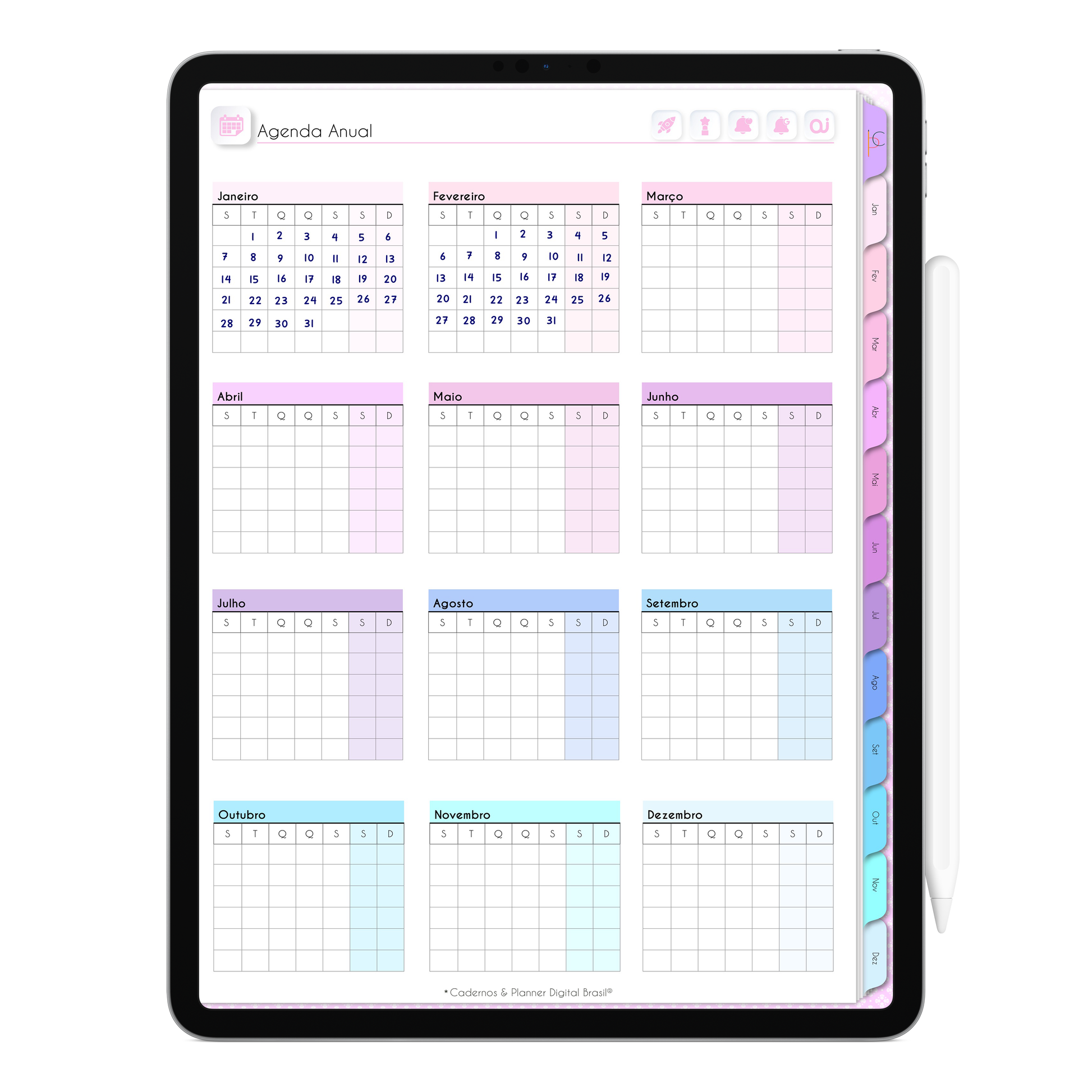 Agenda Anual da Agenda Digital Permanente Não Datada para Tablet Android e iPad com layout vertical estruturado de janeiro a dezembro, mostrando botões interativos e navegação rápida pelas abas entre os meses.