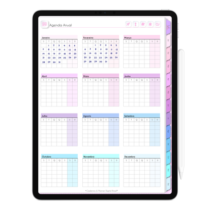 Agenda Anual da Agenda Digital Permanente Não Datada para Tablet Android e iPad com layout vertical estruturado de janeiro a dezembro, mostrando botões interativos e navegação rápida pelas abas entre os meses.