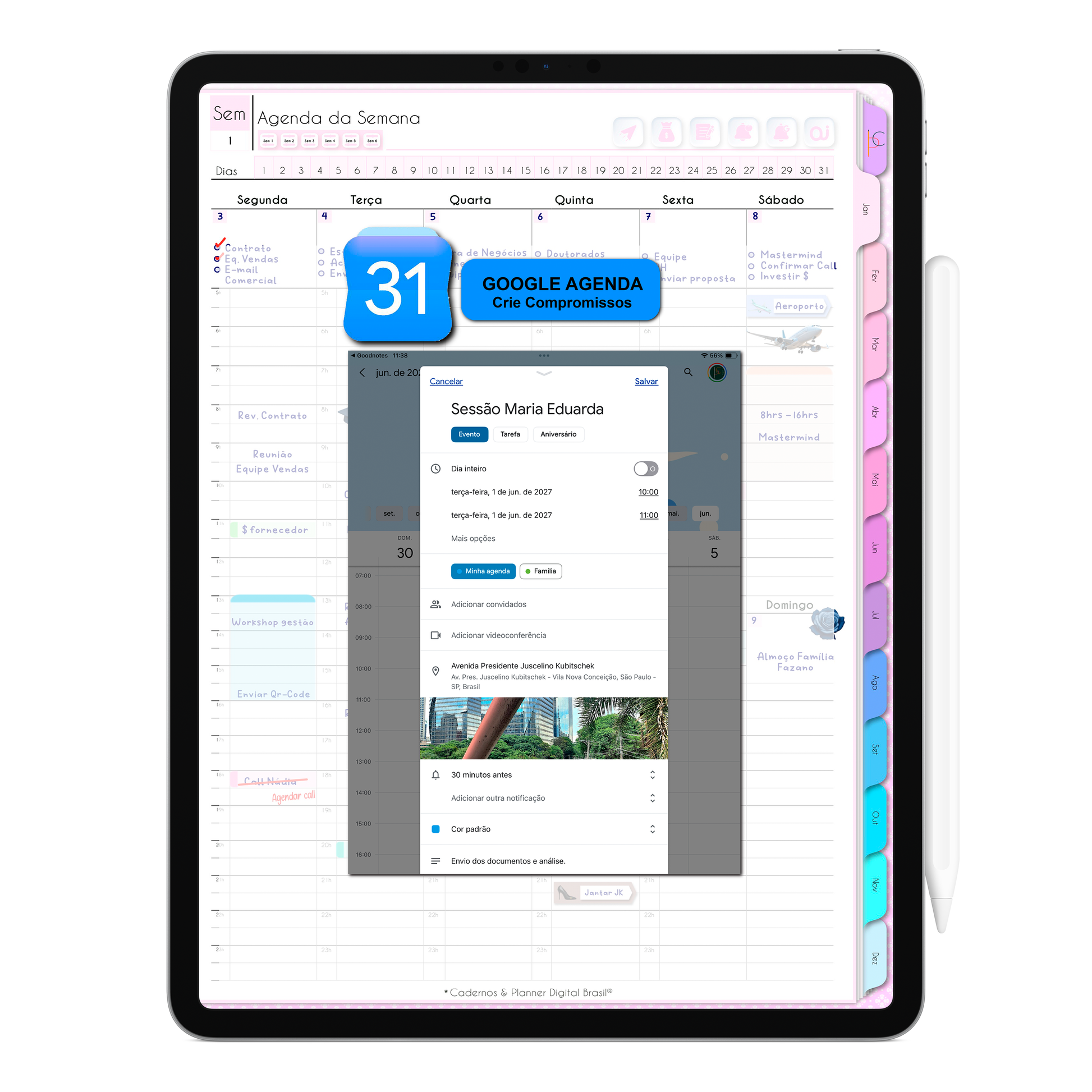 Google Calendar na Agenda Digital Permanente Não Datada para criação de compromissos, reuniões e lembretes. Agenda Digital para Tablet Android e iPad. 
