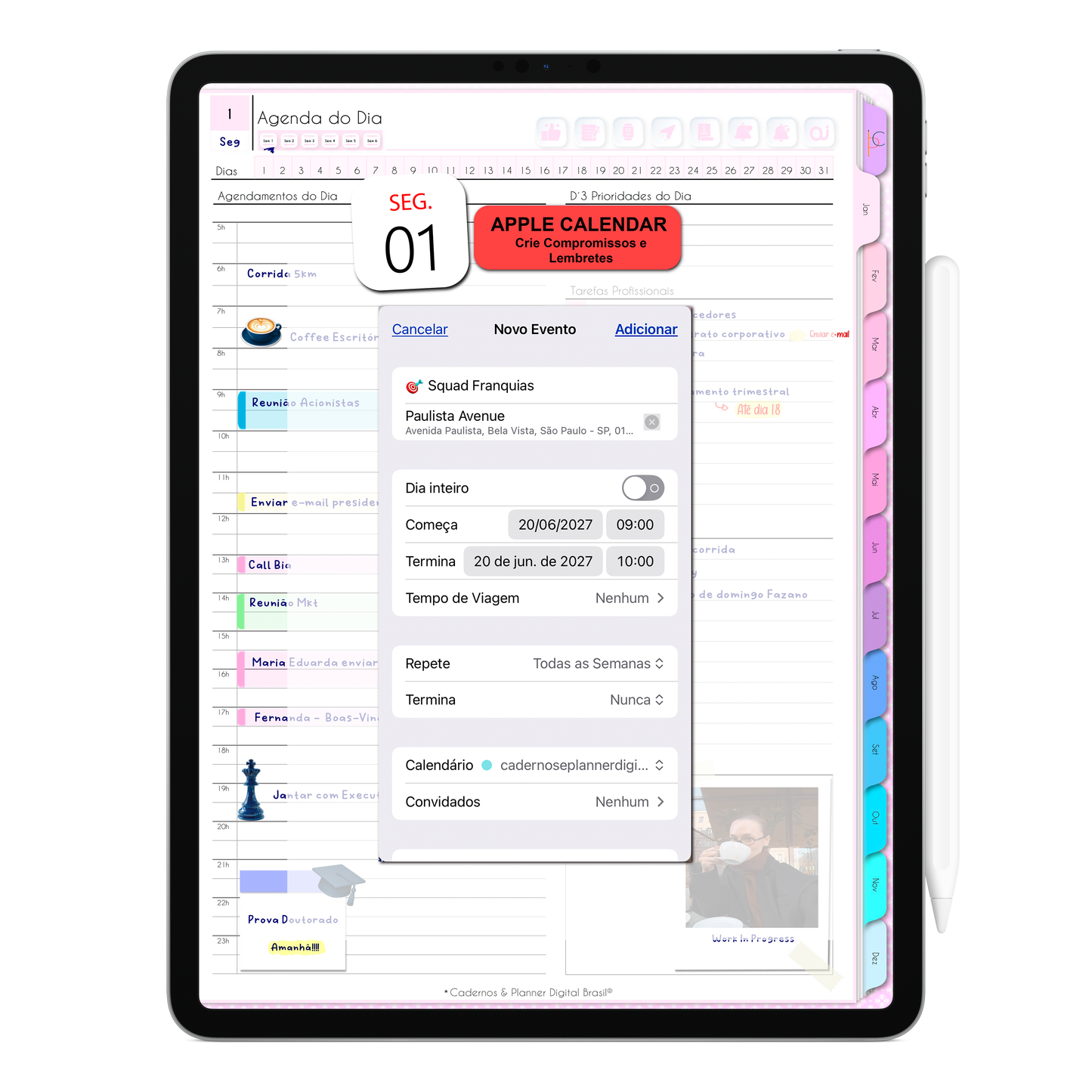 Apple Calendar na Agenda Digital Permanente Não Datada para criação de lembretes e compromissos. Agenda Digital para Tablet Android e iPad. 