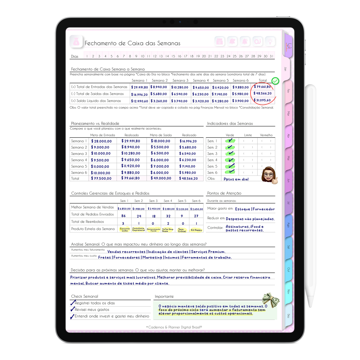 Fechamento de Caixa Semanal para organização do faturamento do negócio de forma simples e visual. Acompanhamento de receitas, despesas e resultados do período.