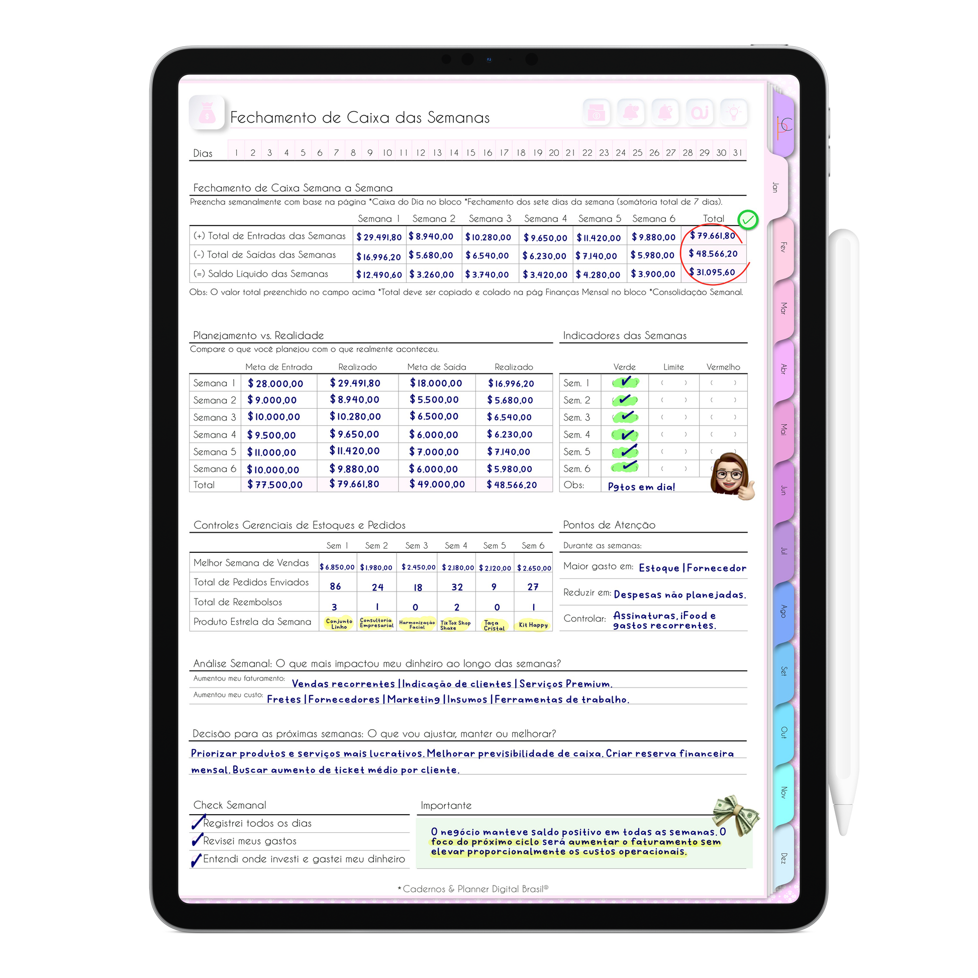 Fechamento de Caixa Semanal para organização do faturamento do negócio de forma simples e visual. Acompanhamento de receitas, despesas e resultados do período.