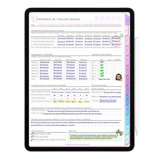 Fechamento de Caixa Semanal para organização do faturamento do negócio de forma simples e visual. Acompanhamento de receitas, despesas e resultados do período.