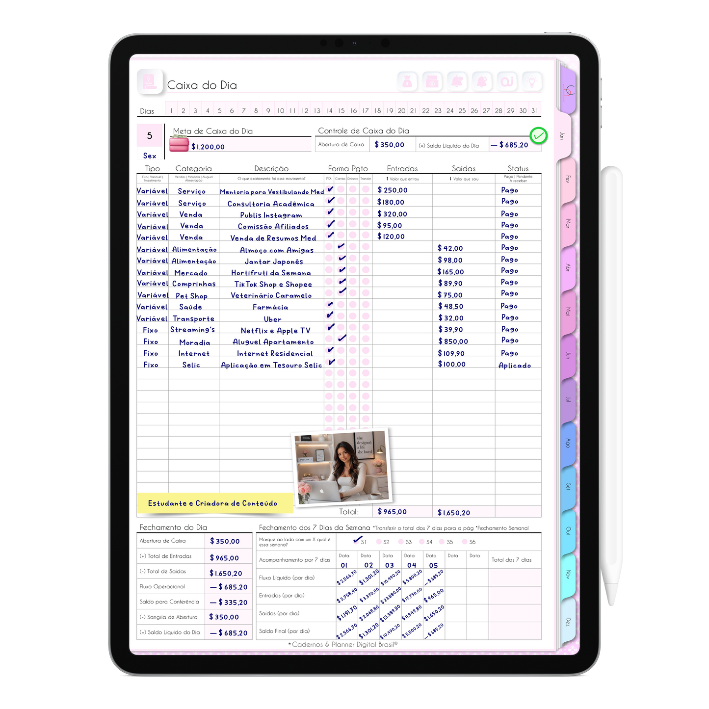 Finanças Diária na Agenda Digital Permanente com Fluxo de Caixa do Dia para registro de entradas e saídas Agenda Digital da Profissional, Criadora de Conteúdo, exclusiva para Tablet e iPad.