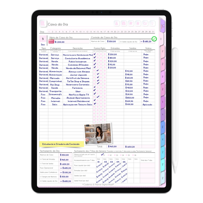 Finanças Diária na Agenda Digital Permanente com Fluxo de Caixa do Dia para registro de entradas e saídas Agenda Digital da Profissional, Criadora de Conteúdo, exclusiva para Tablet e iPad.