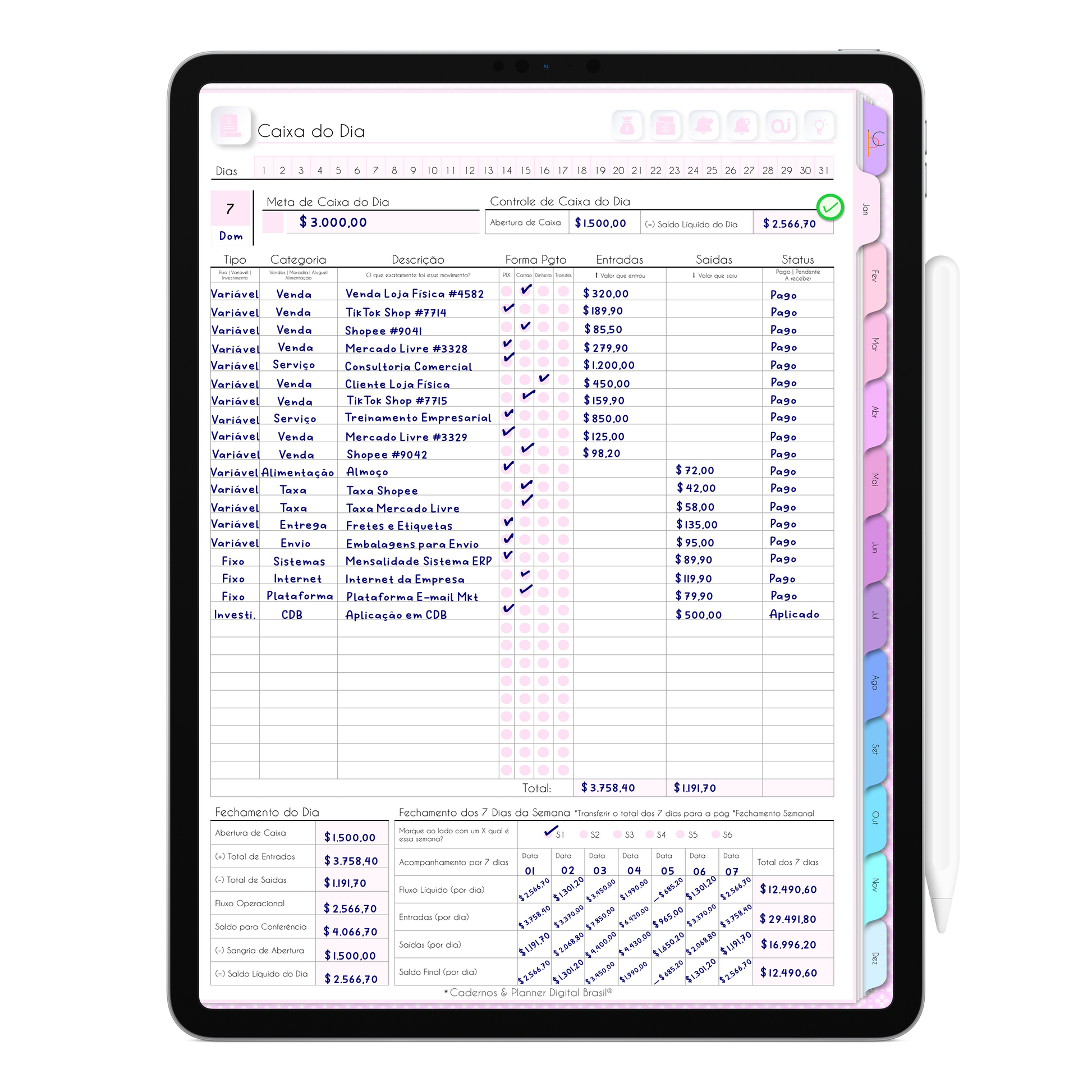Gestão Financeira de Fluxo de Caixa na Agenda Digital Não Datada Permanente exclusiva para Tablet e iPad. 