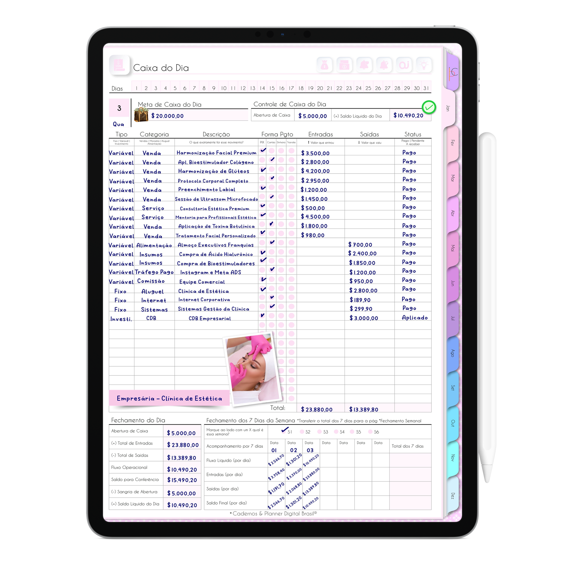 Página de Fluxo de Caixa do Dia Finanças da Agenda Digital da Empresária da área da Beleza. Agenda Digital Permanente Não Datada para controle e gestão financeira, exclusiva para iPad e Tablet Android.