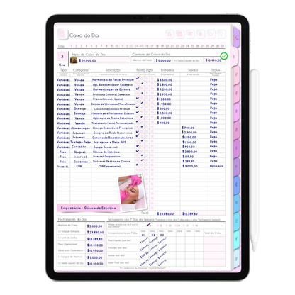 Página de Fluxo de Caixa do Dia Finanças da Agenda Digital da Empresária da área da Beleza. Agenda Digital Permanente Não Datada para controle e gestão financeira, exclusiva para iPad e Tablet Android.