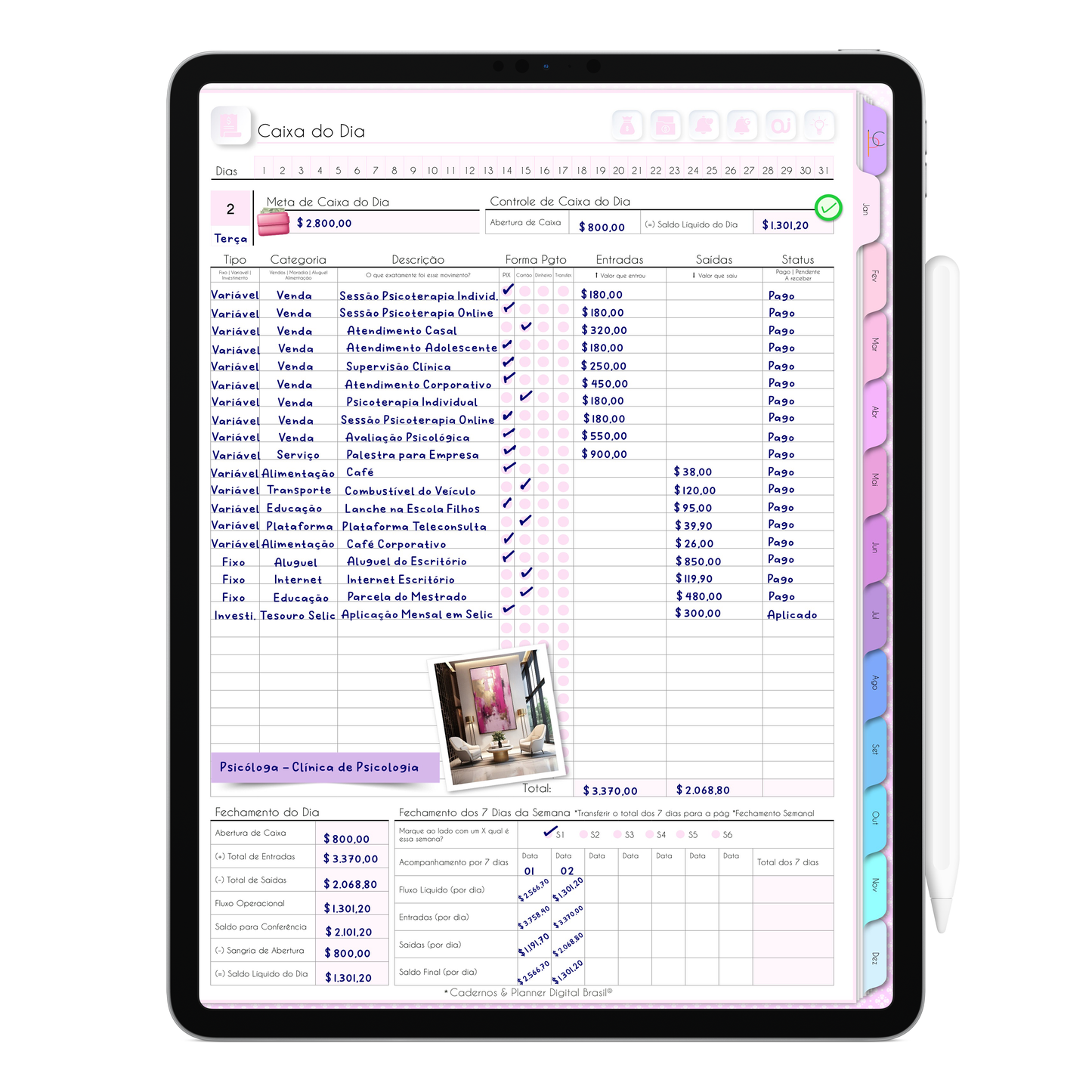 Agenda Digital Permanente para Empreendedoras e Profissionais, Fluxo de Caixa do Dia para registro de entradas e saídas, exclusiva para Tablet e iPad. Agenda para Psicólogas, Terapeutas, Psicanalistas, Agendamento de Clientes, Organização da Agenda, Google Calendar, Apple Calendar.