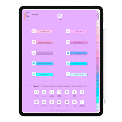 A home da Agenda Digital Permanente Não Datada é onde possui todos os botões com legendas da agenda para clicar na página específica. Agenda Digital para Tablet e iPad.