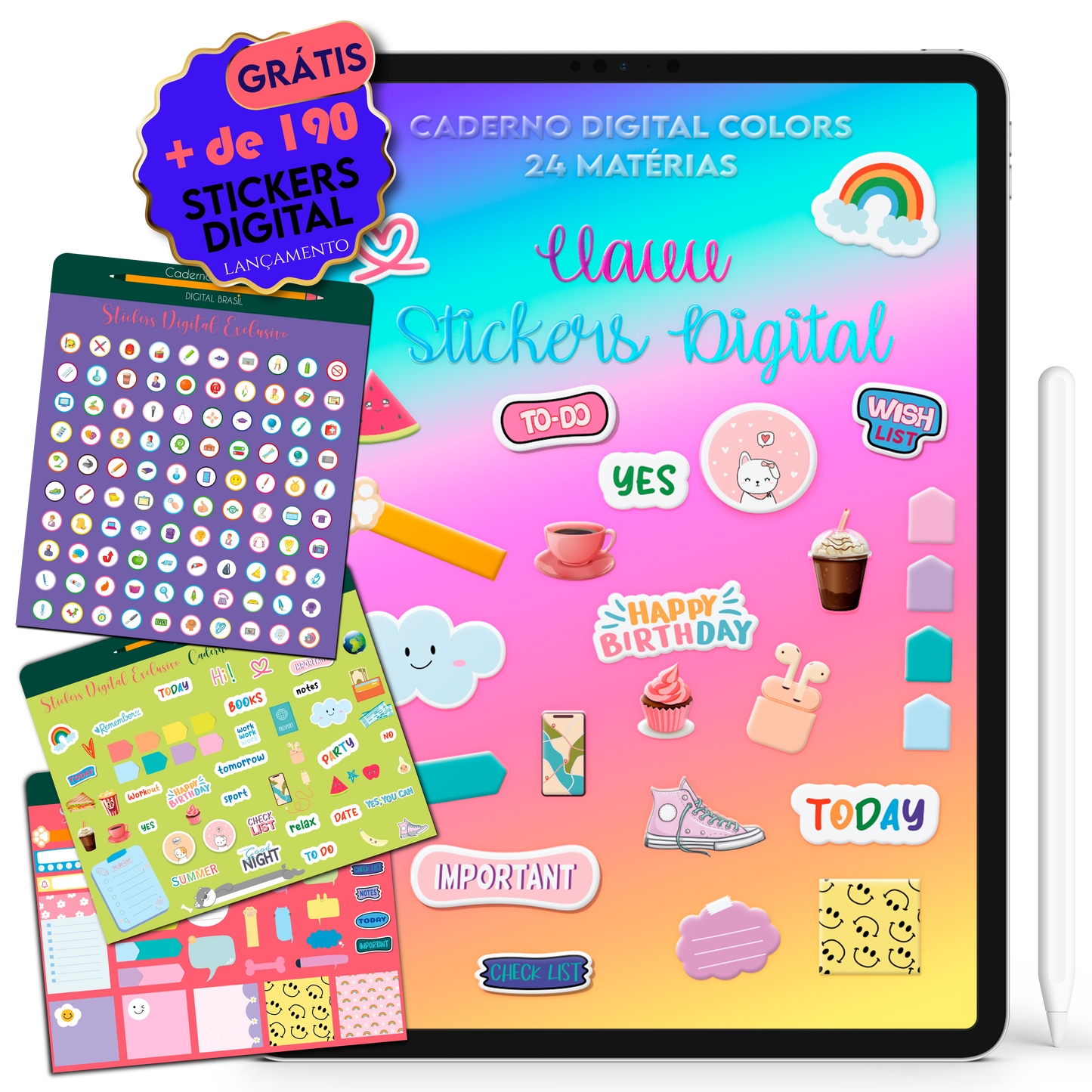 Ganhe Brinde mais de 190 Stickers Adesivos Digital. Caderno Digital Colors 24 Matérias Exclusivo para iPad e Tablet Android. Aplicativos de Anotação GoodNotes, Flexcil, Samsung Notes, Noteshelf. Lembretes Apple Calendar e Google Agenda. Páginas Estudos, Anotações, Resumos, Vida Acadêmica, Pautada, Pontilhada, Cronograma Estudos, Notas da Matéria, Coeficiente de Rendimento. Cadernos & Planner Digital Brasil