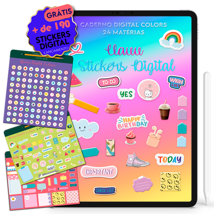 Ganhe Brinde mais de 190 Stickers Adesivos Digital. Caderno Digital Colors 24 Matérias Exclusivo para iPad e Tablet Android. Aplicativos de Anotação GoodNotes, Flexcil, Samsung Notes, Noteshelf. Lembretes Apple Calendar e Google Agenda. Páginas Estudos, Anotações, Resumos, Vida Acadêmica, Pautada, Pontilhada, Cronograma Estudos, Notas da Matéria, Coeficiente de Rendimento. Cadernos & Planner Digital Brasil