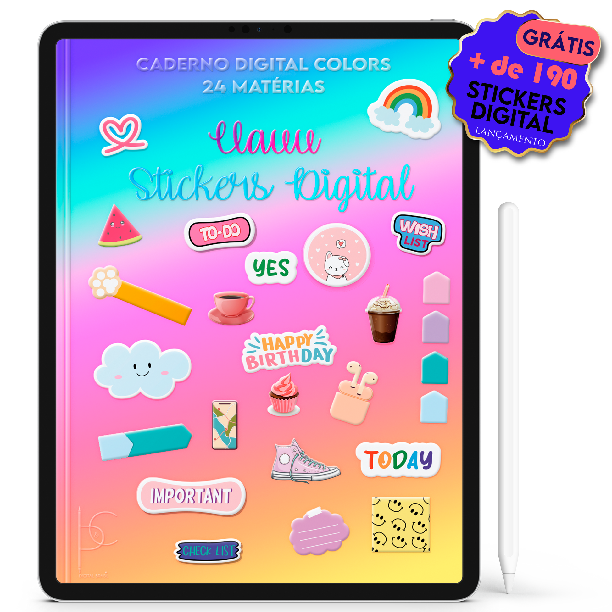 Ganhe Brinde mais de 190 Stickers Adesivos Digital. Caderno Digital Colors 24 Matérias Exclusivo para iPad e Tablet Android. Aplicativos de Anotação GoodNotes, Flexcil, Samsung Notes, Noteshelf. Lembretes Apple Calendar e Google Agenda. Páginas Estudos, Anotações, Resumos, Vida Acadêmica, Pautada, Pontilhada, Cronograma Estudos, Notas da Matéria, Coeficiente de Rendimento. Cadernos & Planner Digital Brasil