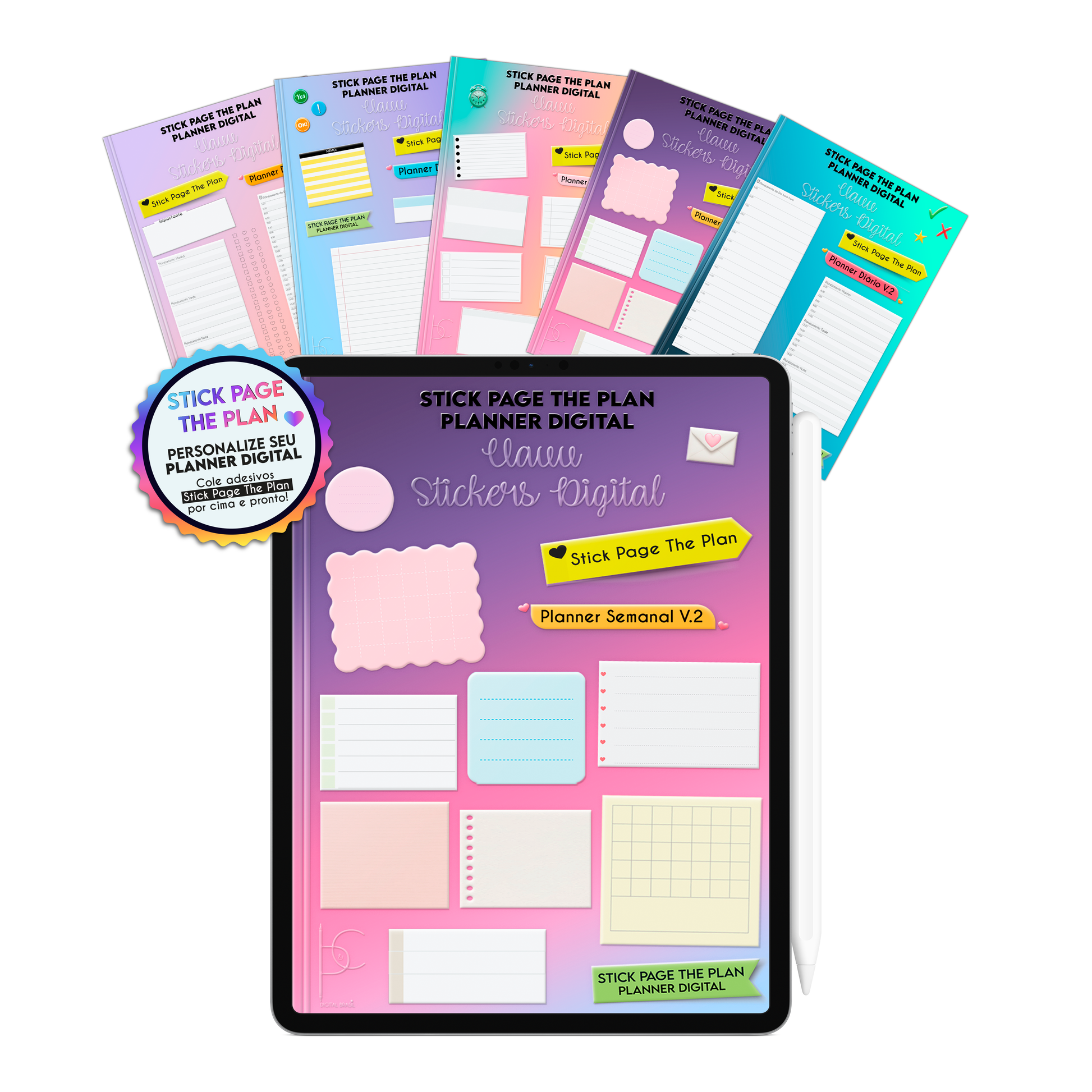 Pacote de 5 Cartelas de adesivos digitais para Planner Digital no planejamento diário e semanal com fundo transparente.