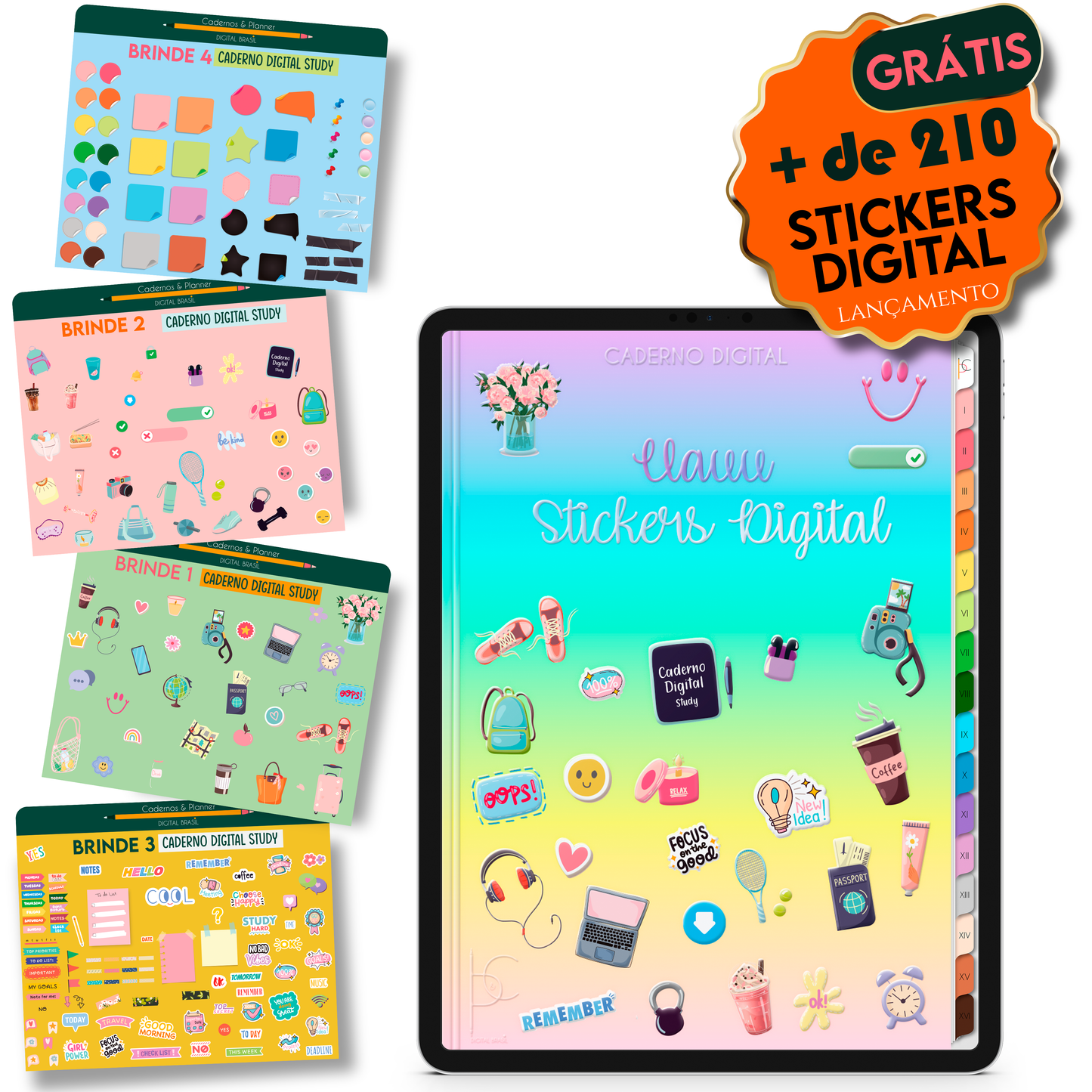 Ganhe de Brinde grátis Stickers Adesivo Digital para personalizar o Caderno Digital Colors Anotações Verão Tropical 16 Matérias • Para iPad e Tablet Android • Download instantâneo • Sustentável