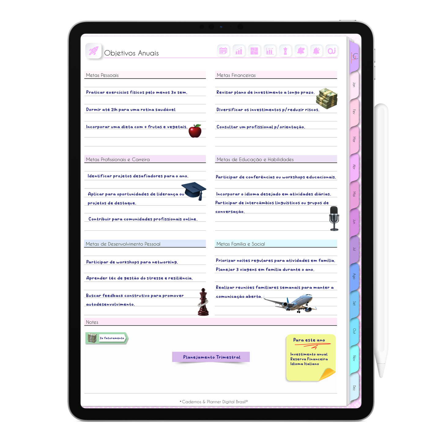Página de objetivos anuais da Agenda Digital Permanente para definição de metas e planejamento pessoal e profissional. Projetada para escrita fluida com a caneta Stylus em aplicativo de notas no Tablet ou iPad.