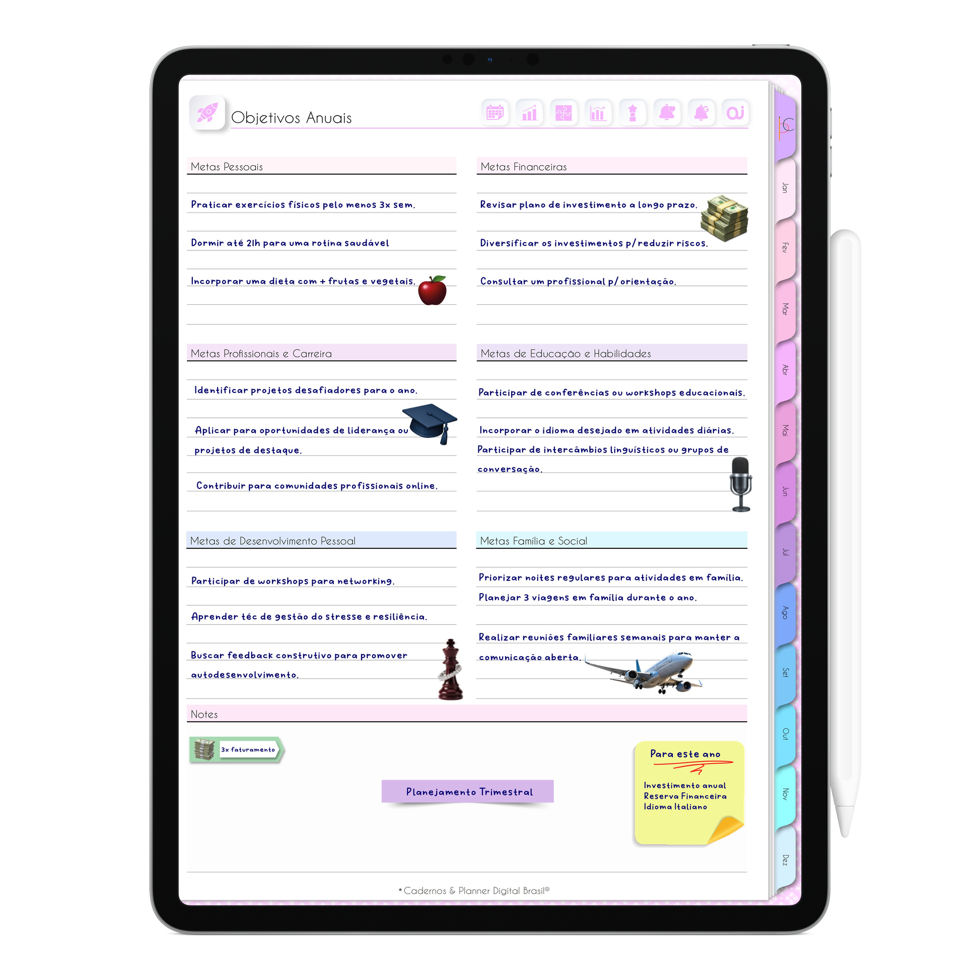 Página de objetivos anuais da Agenda Digital Permanente para definição de metas e planejamento pessoal e profissional. Projetada para escrita fluida com a caneta Stylus em aplicativo de notas no Tablet ou iPad.