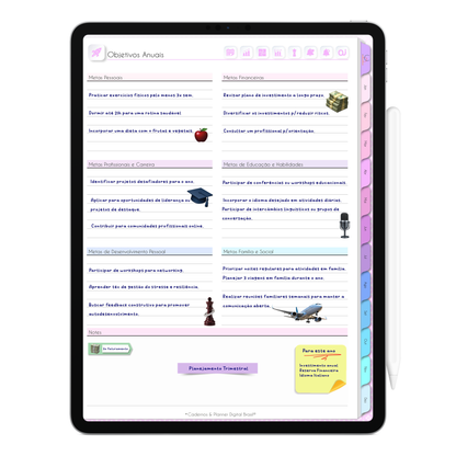 Página de objetivos anuais da Agenda Digital Permanente para definição de metas e planejamento pessoal e profissional. Projetada para escrita fluida com a caneta Stylus em aplicativo de notas no Tablet ou iPad.