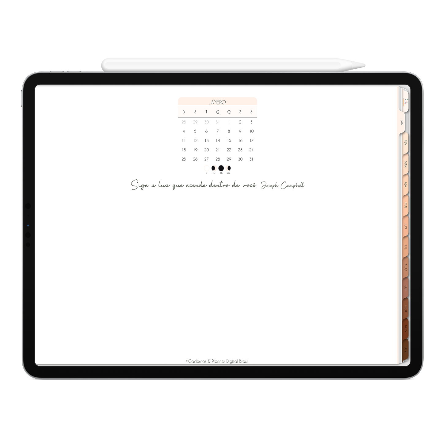 Capa e Moodboard do mês do Planner Digital 2026 MInimal Universe Horizontal da Cadernos & Planner Digital Brasil visualizada em um iPad ou Tablet Android, compatível com GoodNotes e Notein.