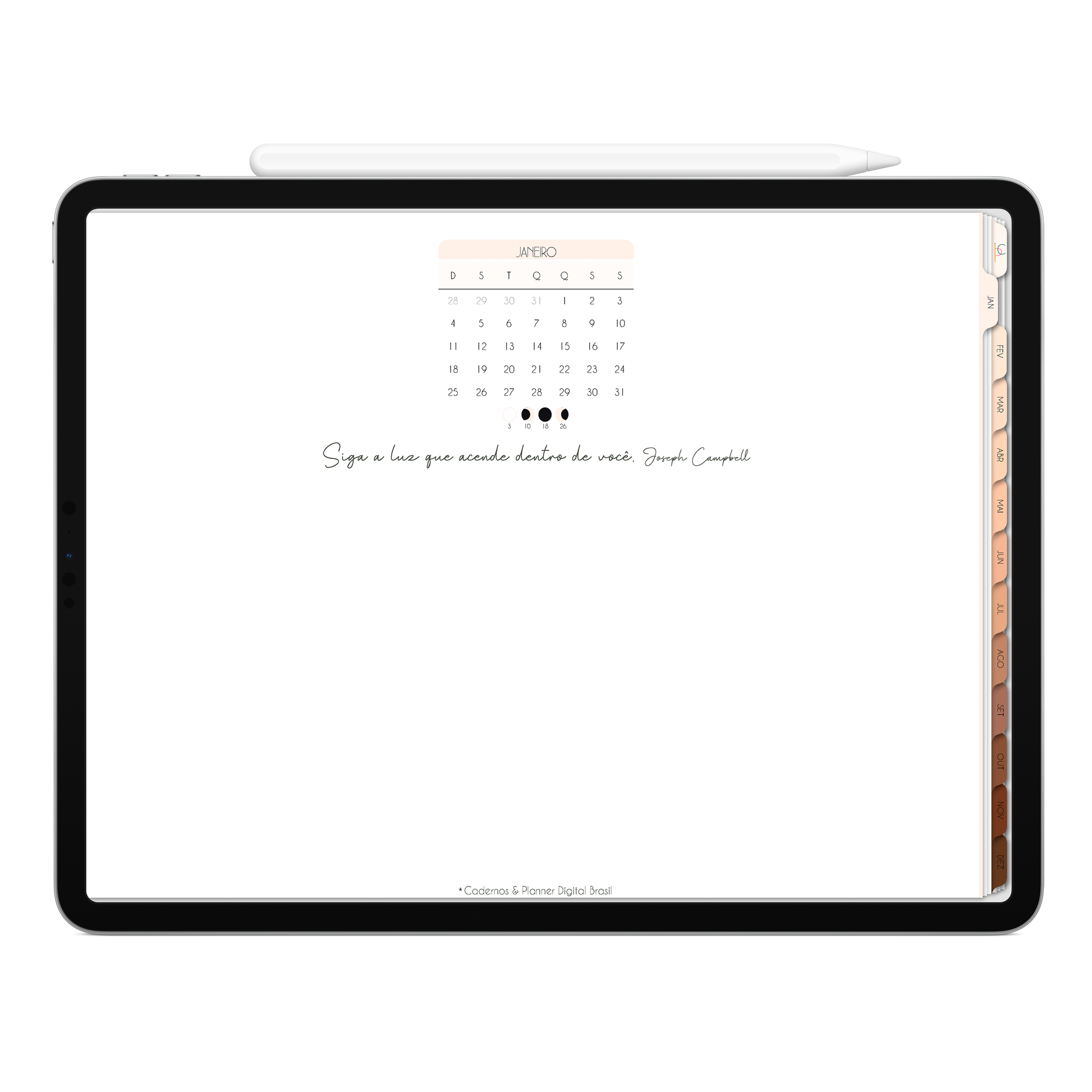 Capa e Moodboard do mês do Planner Digital 2026 MInimal Universe Horizontal da Cadernos & Planner Digital Brasil visualizada em um iPad ou Tablet Android, compatível com GoodNotes e Notein.