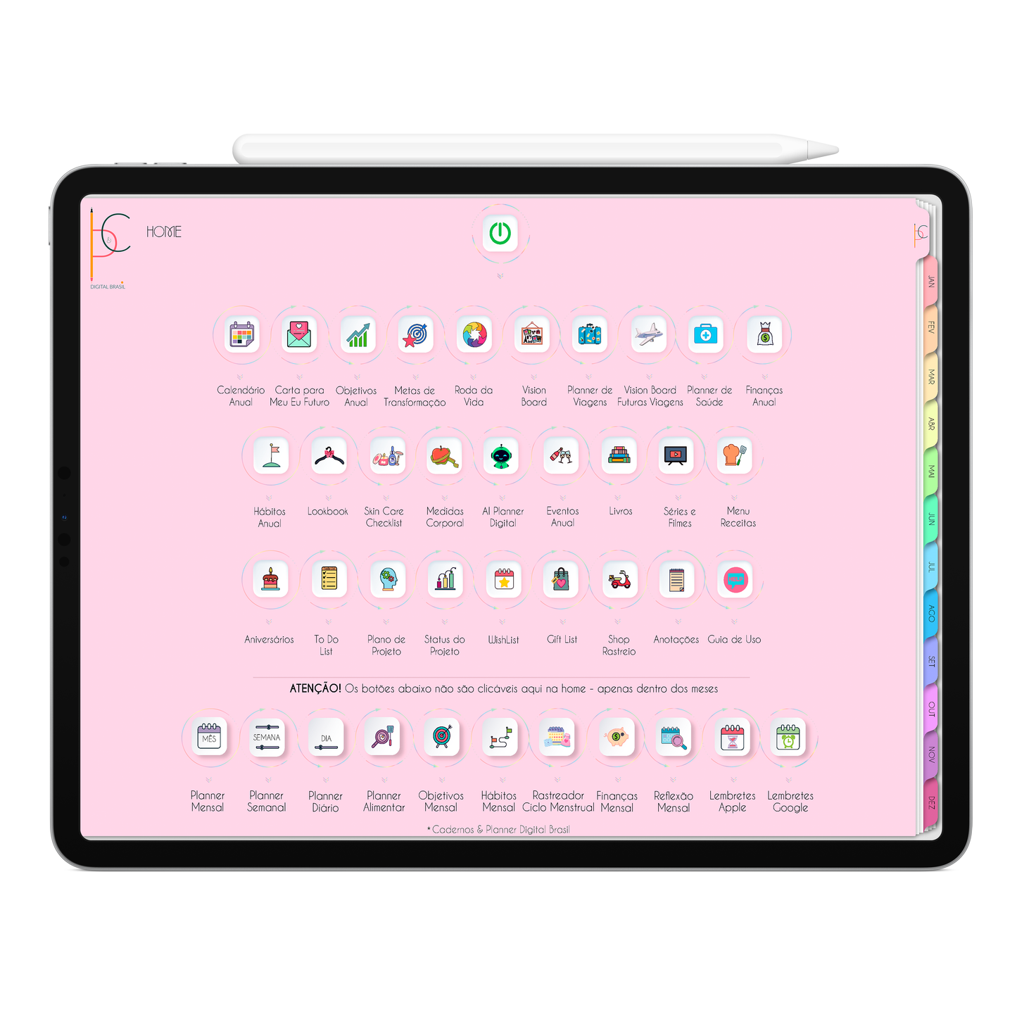 Home do Planner Digital Life In Colors horizontal com botões clicaveis e interativos para clicar e acessar as páginas de planejamento anual, abas mensal e botões para páginas de planejamento anual, semanal, mensal e diário. para uso no iPad ou Tablet Android, Tablet Samsung.